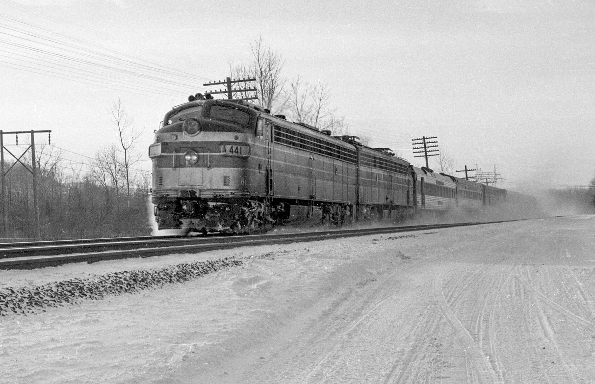 Eastbound Amtrak Maple Leaf passing Macedon, NY, winter, 1979.