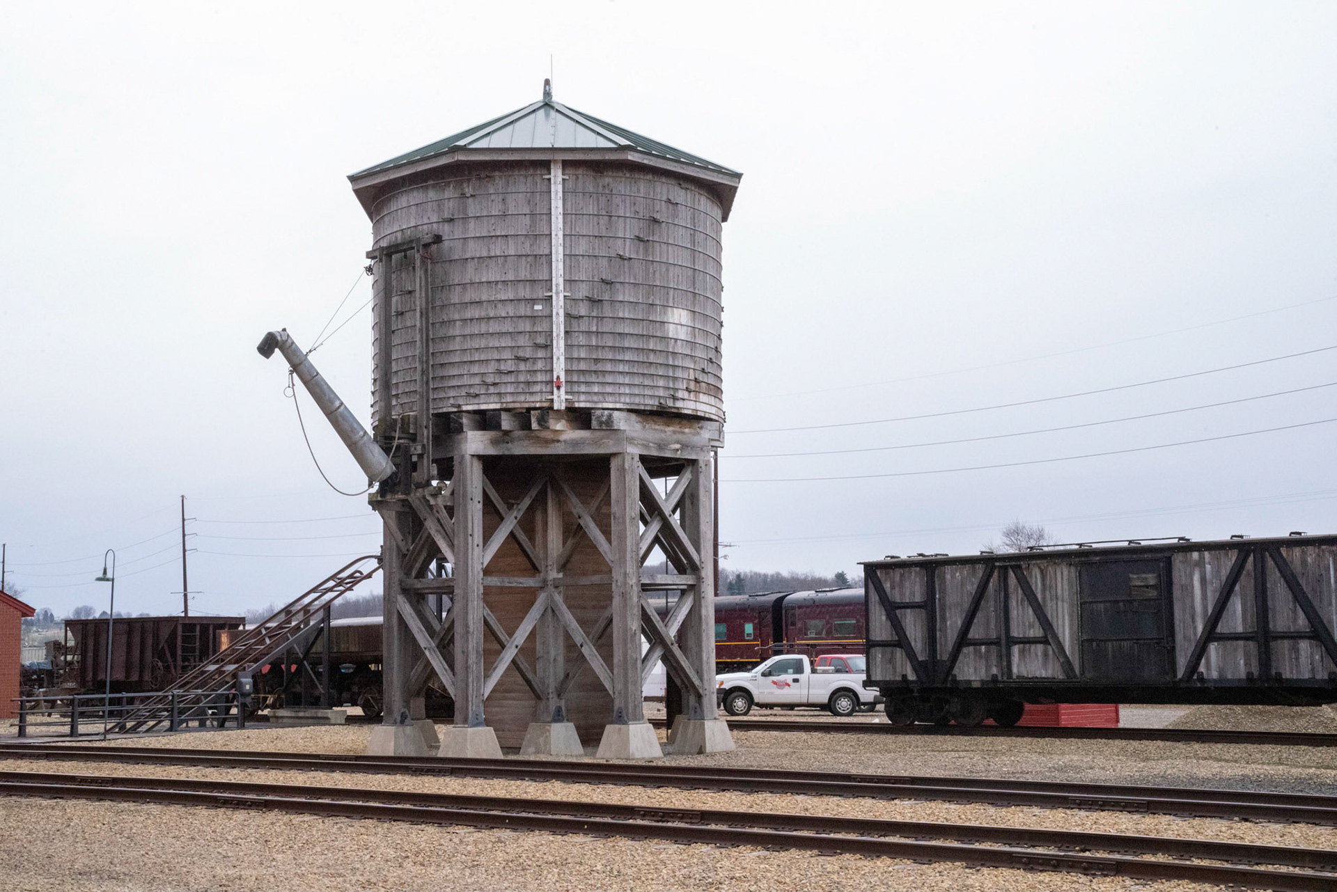 Wood water tower built by Philadelphia firm Hall-Woolford Tank Company at the Age of Steam roundhouse, Jan. 13, 2022