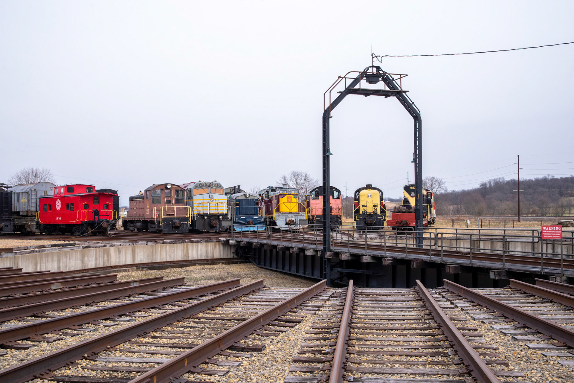 Diesels line up around the turntable at the Age of Steam roundhouse, Jan. 13, 2022