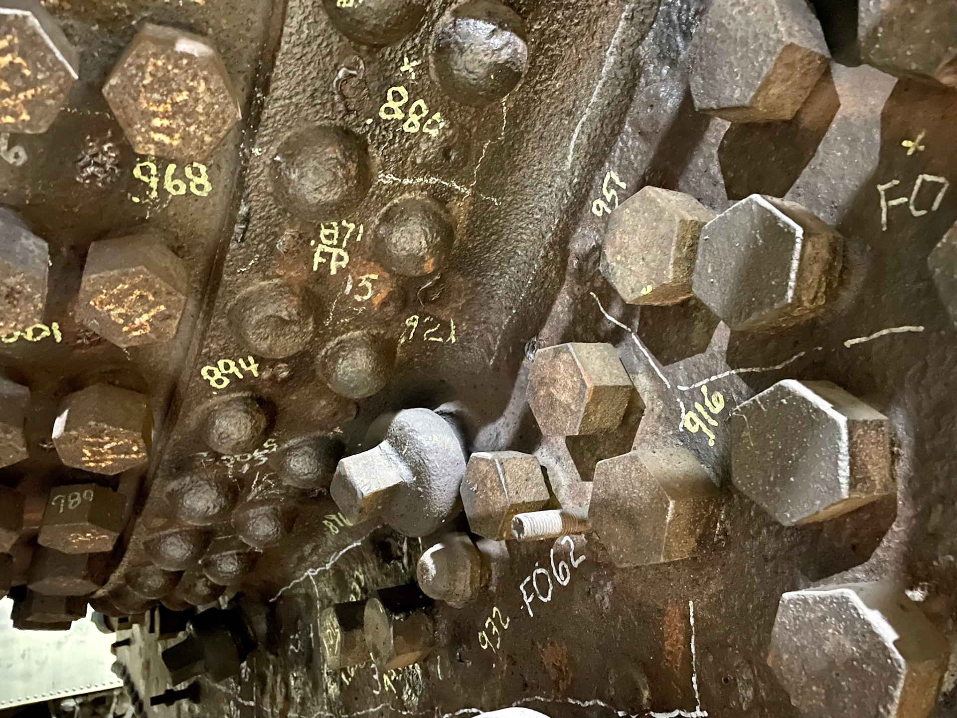 Staybolt ends of Reading 4-8-4 2100 at the Midwest Railway Preservation Society B&amp;O roundhouse in Cleveland o n Jan. 15, 2022.