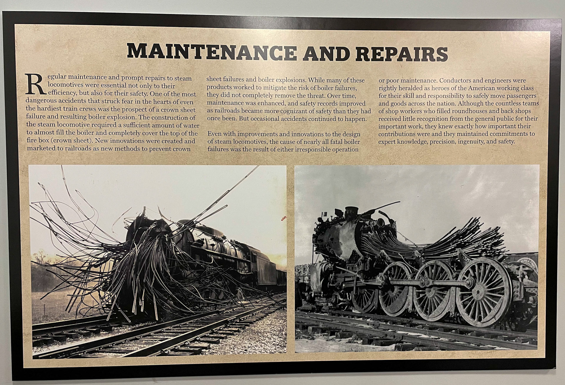 Info sign about boiler explosions at the Age of Steam roundhouse, Jan. 13, 2022