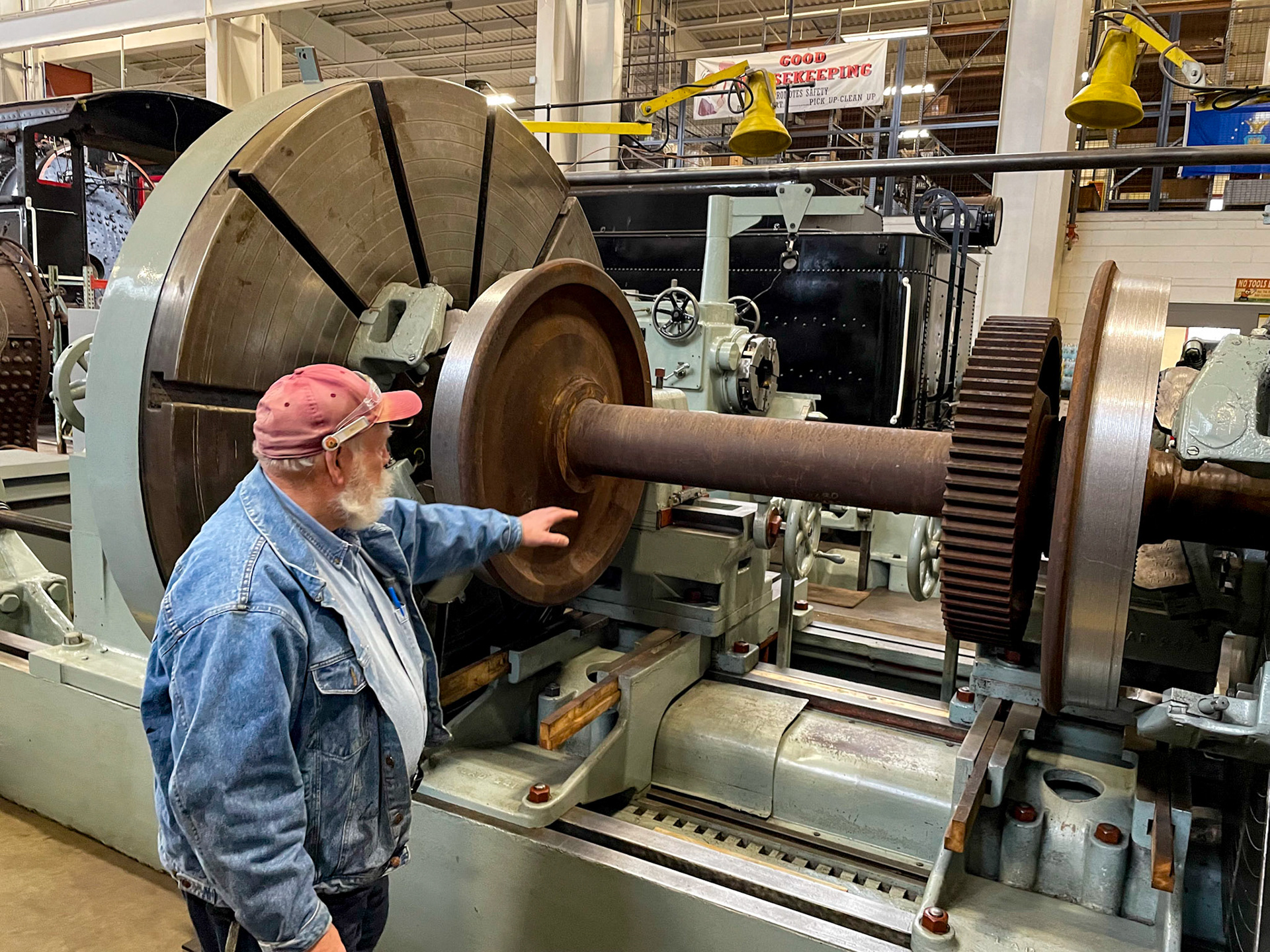 Guide shows the wheel turning lathe at the Age of Steam roundhouse, Jan. 13, 2022. The lathe was built in the U.S. for Poland's powst WWII recovery efforts.