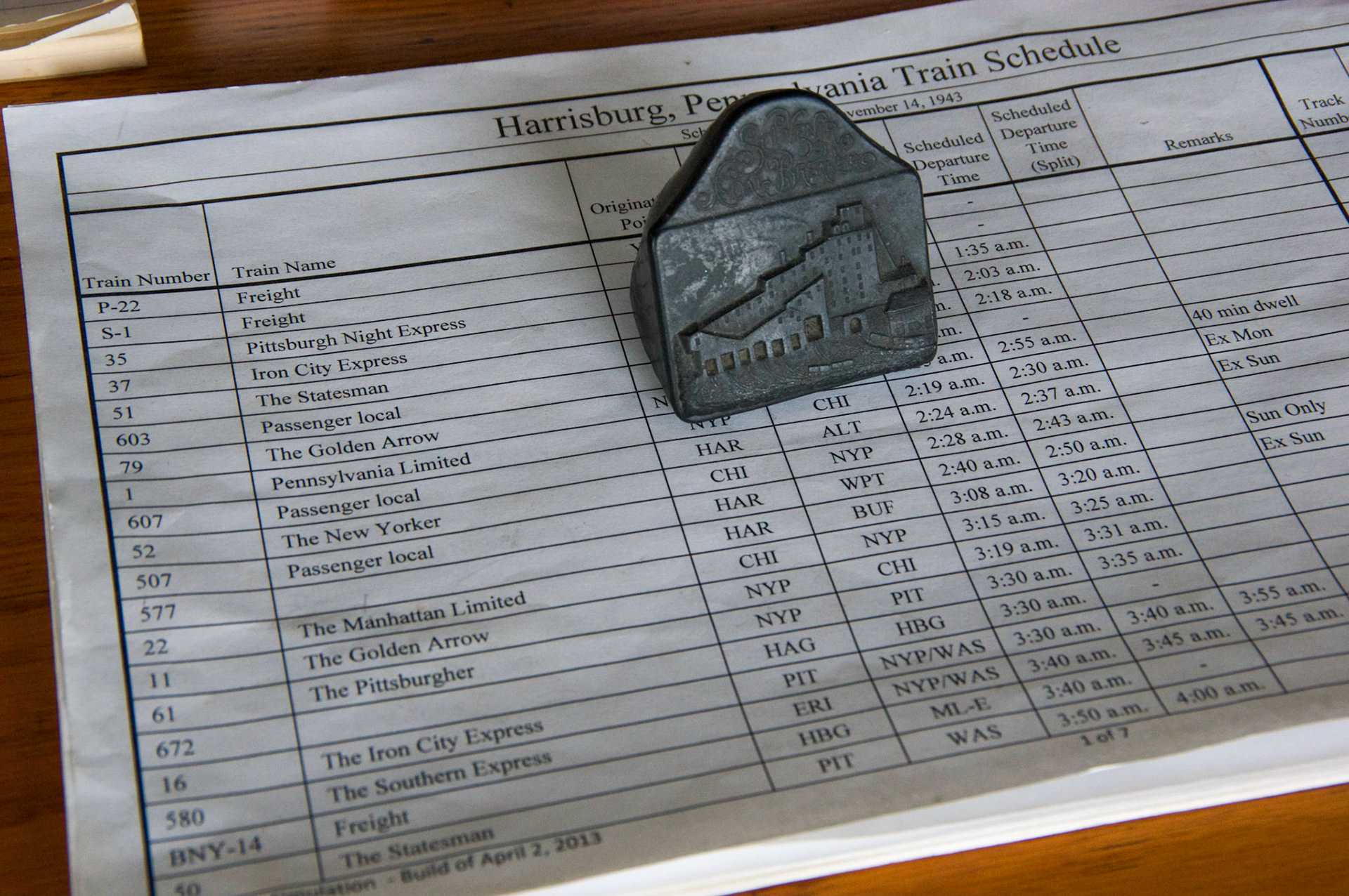 Train sheet shows the many passenger trains that had to be switched at Harrisburg each night