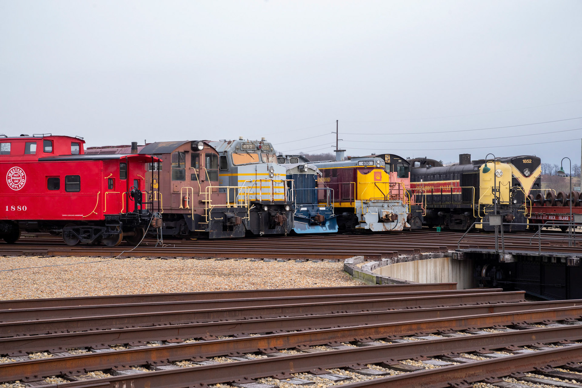 Diesels line up around the turntable at the Age of Steam roundhouse, Jan. 13, 2022