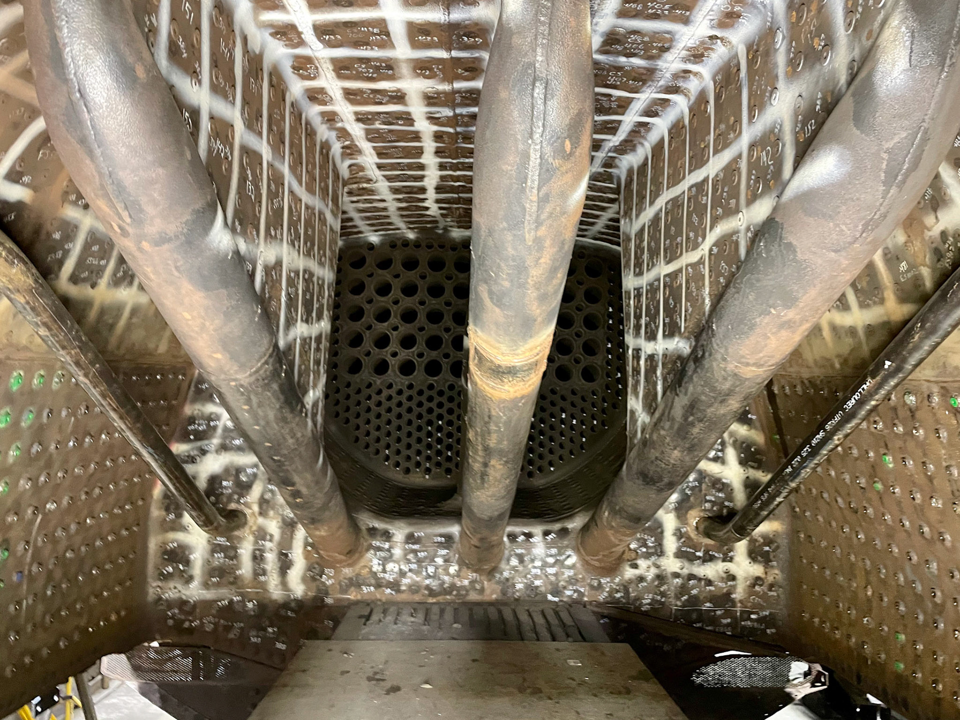 Inside the firebox Reading 4-8-4 2100 at the Midwest Railway Preservation SOciety B&amp;O roundhouse in Cleveland o n Jan. 15, 2022.