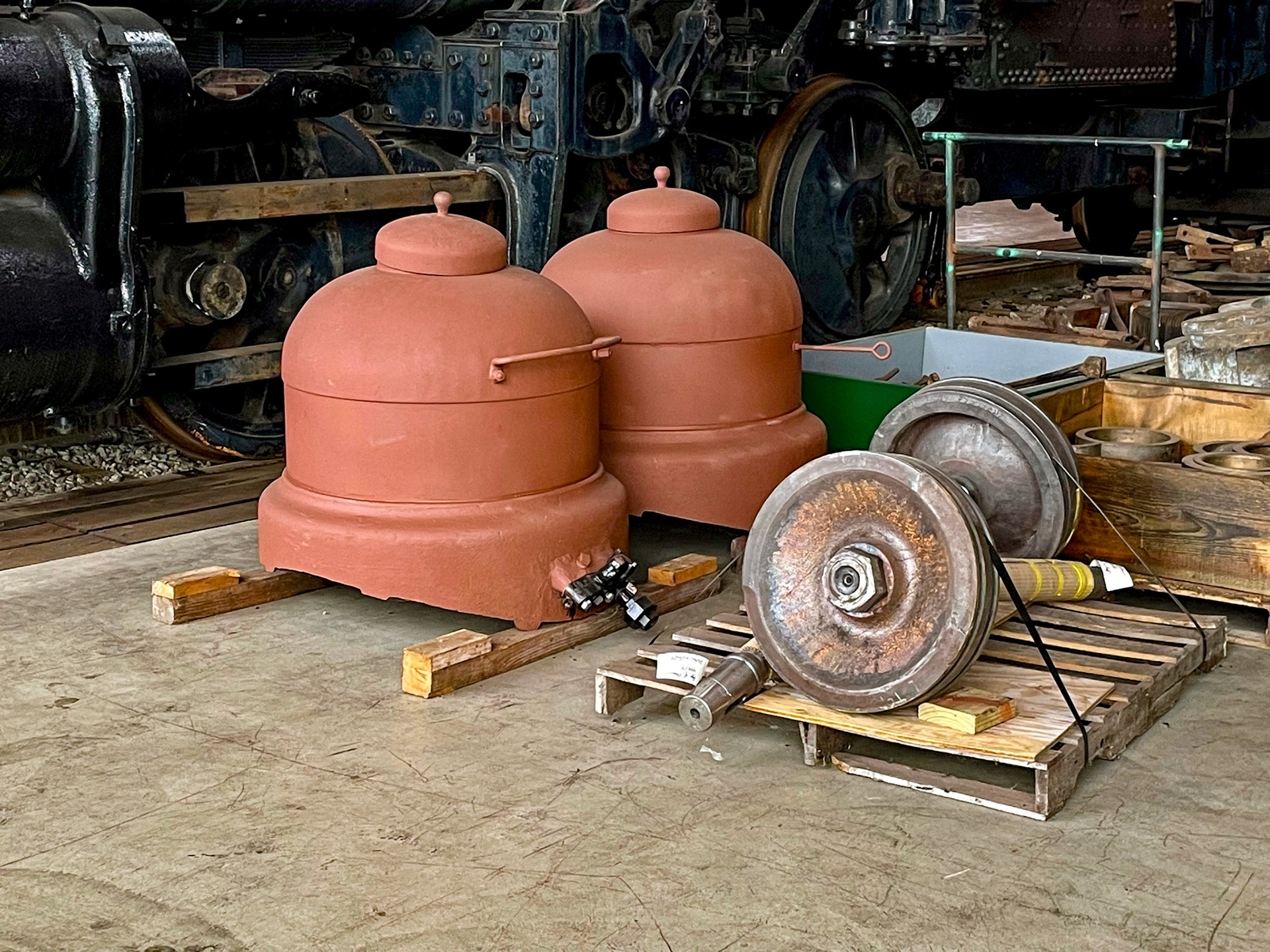 Sand dome and steam dome and a set of pistons rebuilt at the Age of Steam roundhouse, Jan. 13, 2022