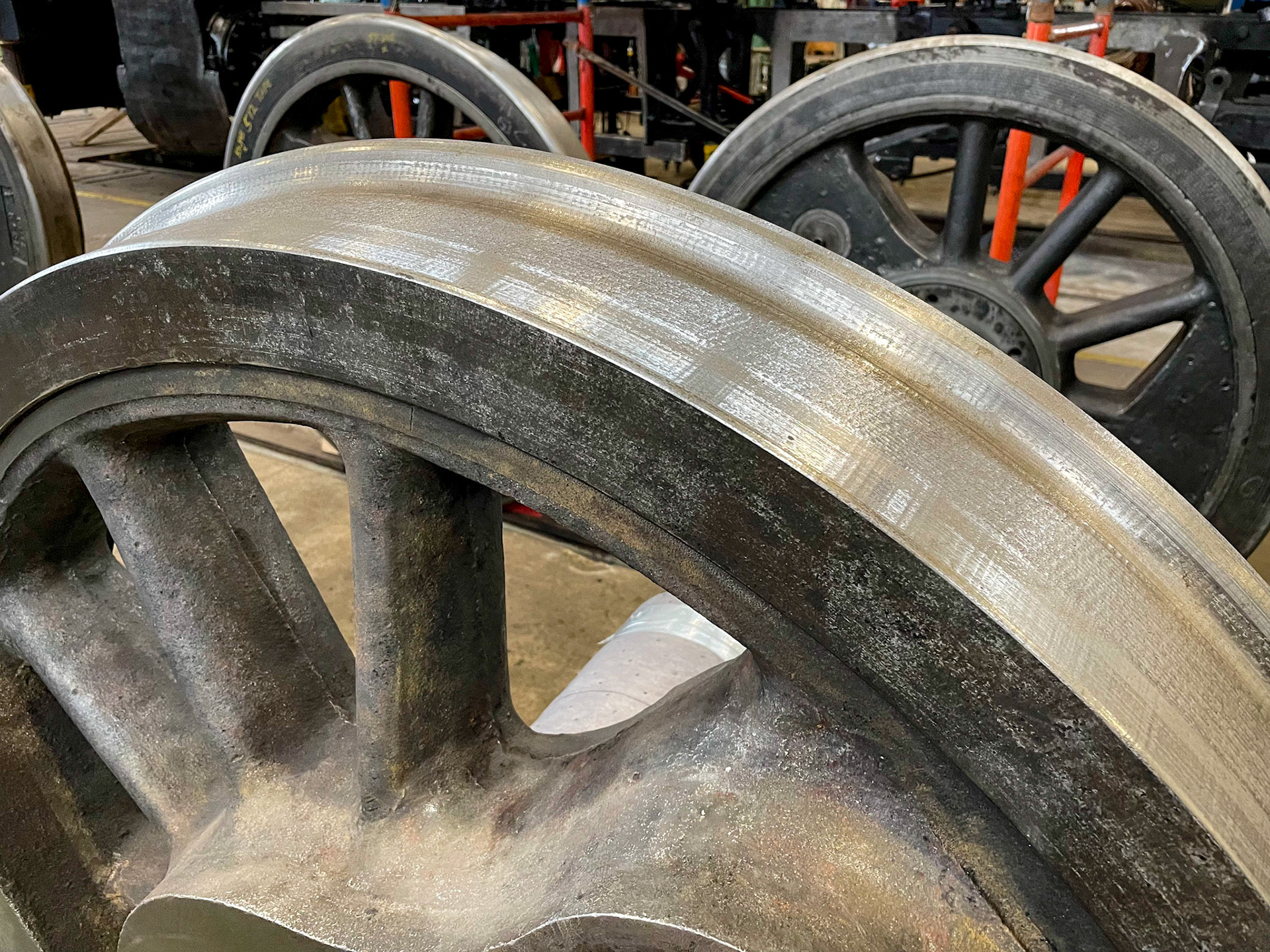 Freshly turned driving wheels at the Age of Steam roundhouse, Jan. 13, 2022