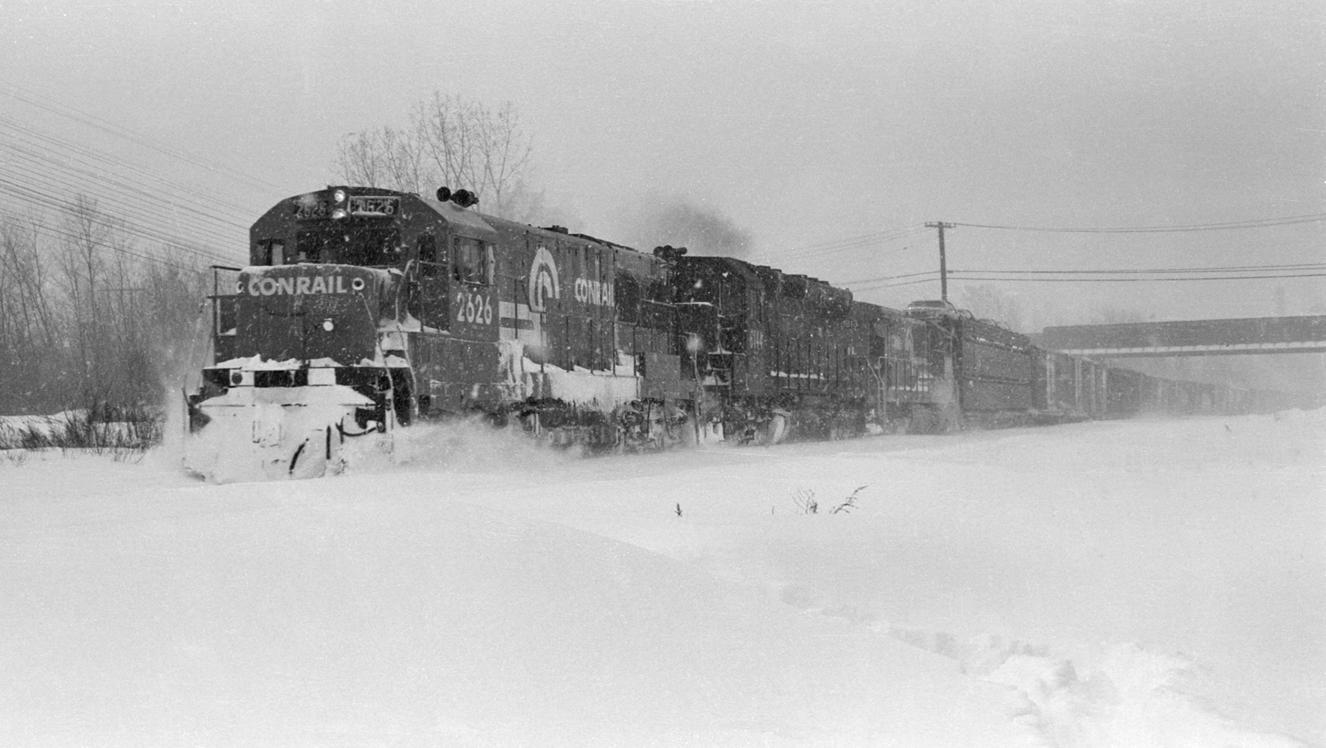 Conrail eastbound through Palmyra, NY in the snow in Feb. 1978 during a blizzard that dumped 38" of snow on the area.