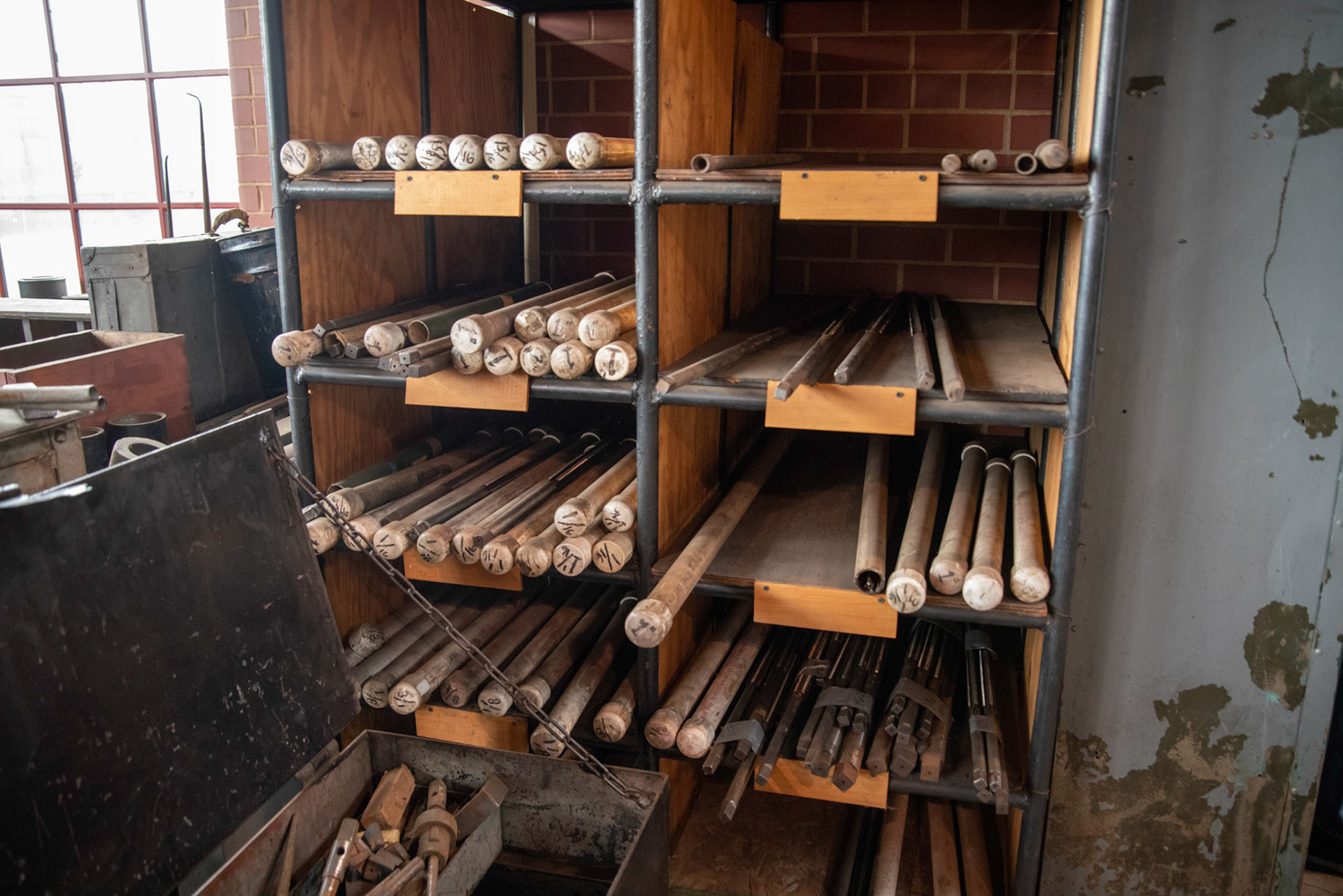 Shelves full of stay bolts at the Age of Steam roundhouse, Jan. 13, 2022