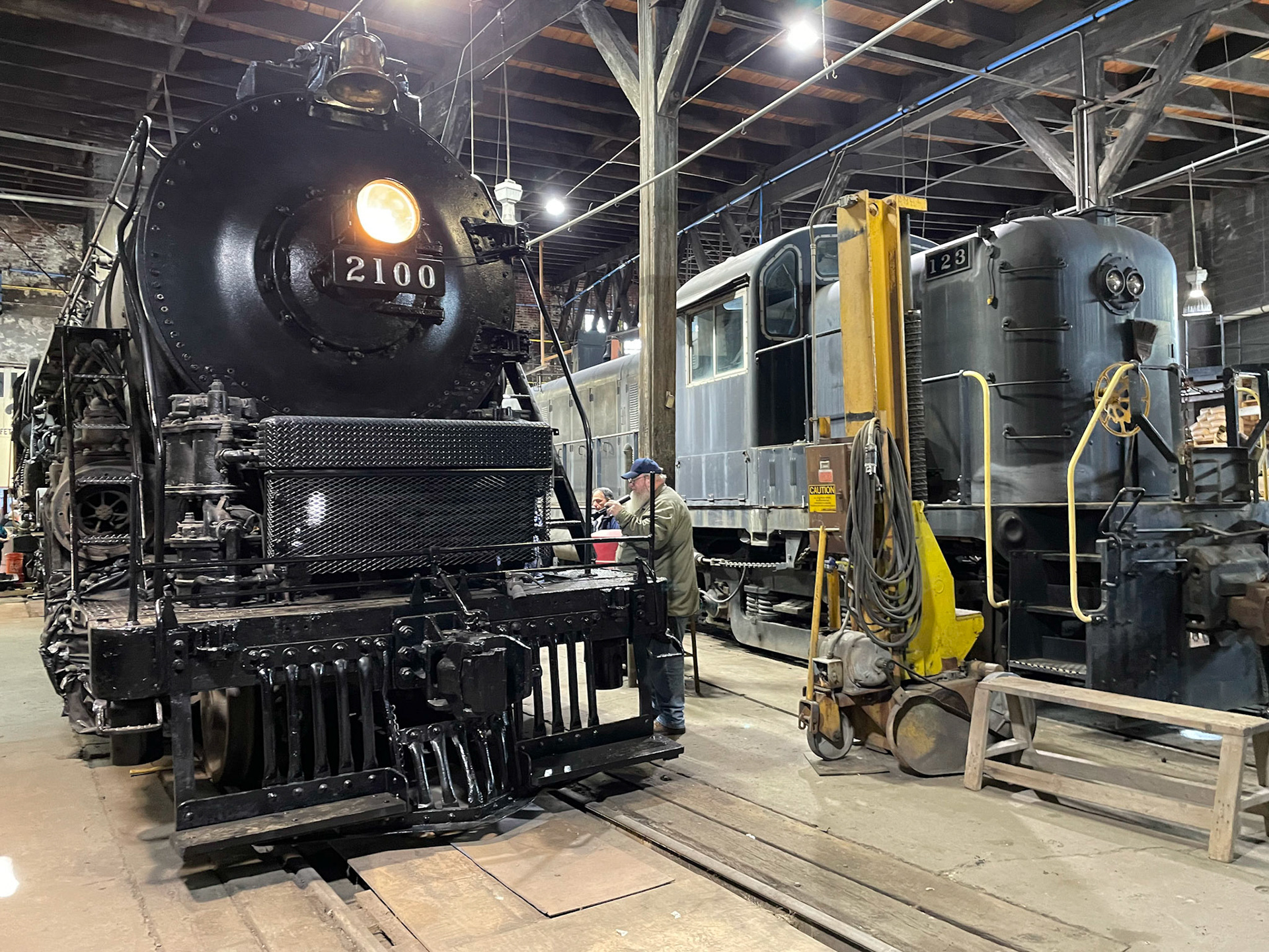 Reading 4-8-4 2100 and RS-3 123 at the Midwest Railway Preservation SOciety B&amp;O roundhouse in Cleveland o n Jan. 15, 2022.