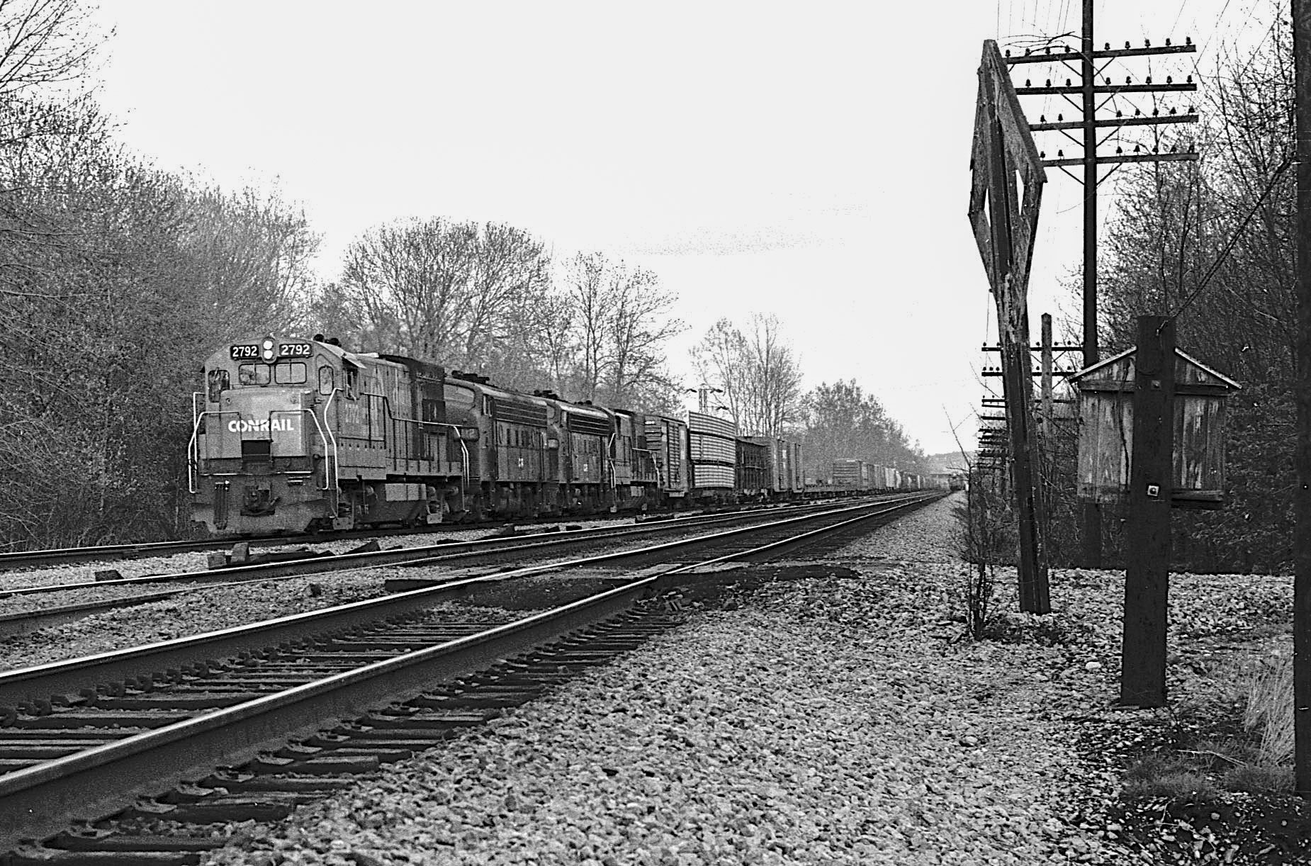 A westbound sits in the controlled siding waiting for traffic to clear on Dec. 30, 1977 and features two F-units that don't have much more time left in them.