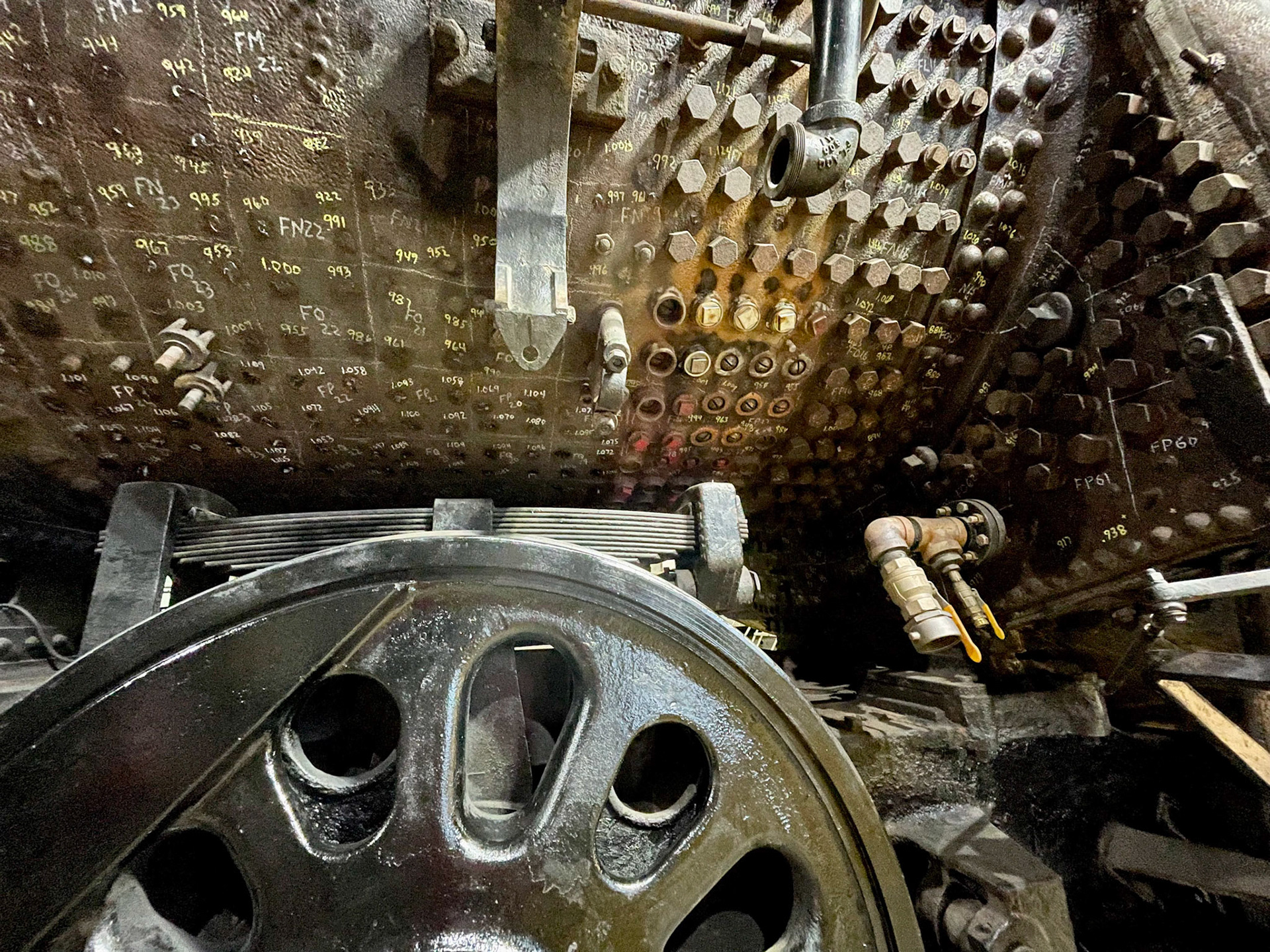 Staybolt ends of Reading 4-8-4 2100 at the Midwest Railway Preservation Society B&amp;O roundhouse in Cleveland o n Jan. 15, 2022.