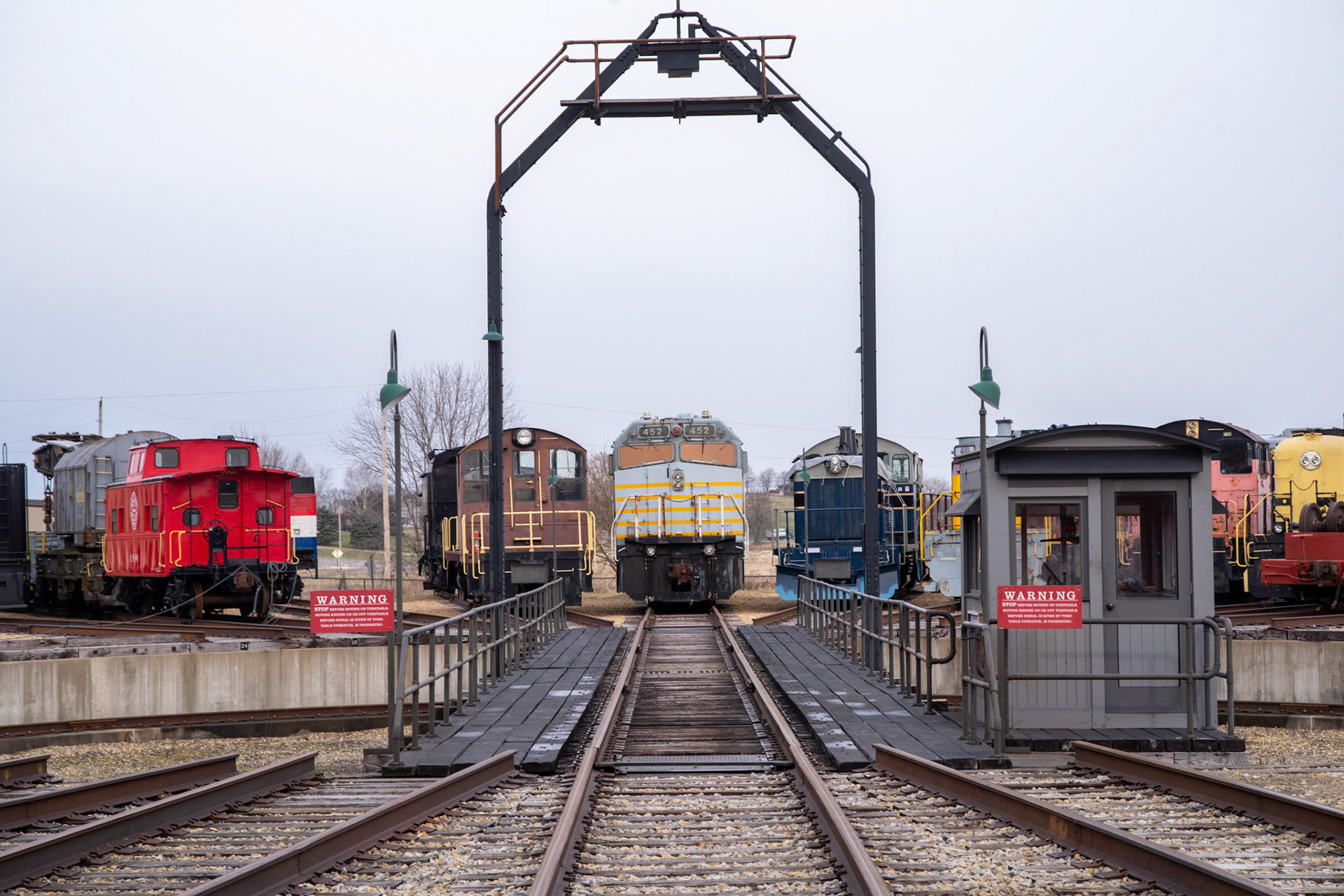 Diesels line up around the turntable at the Age of Steam roundhouse, Jan. 13, 2022