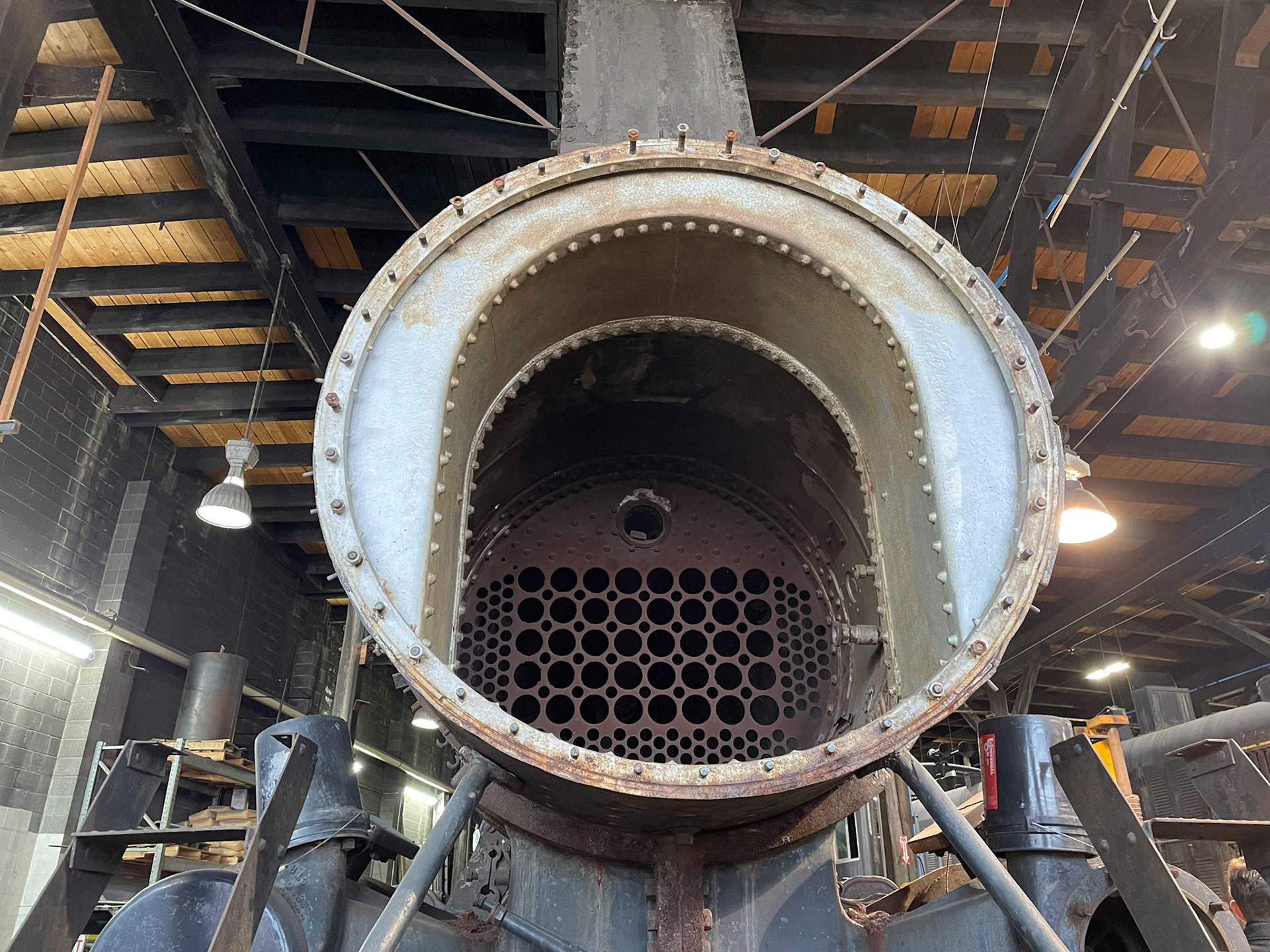 Firebox and boiler work on GTW 4070 at the Midwest Railway Preservation Society B&amp;O roundhouse in Cleveland o n Jan. 15, 2022.