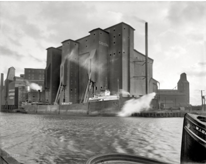 Figure 1.16: Eastern elevator, Buffalo, New York. Ship The Frank L. Vance. 8x10 inch dry plate glass negative, Detroit Publishing Company