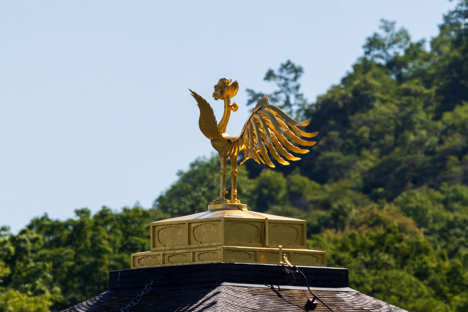A magnificent bronze phoenix cast in gold perches atop the roof, symbolizing rebirth and longevity.