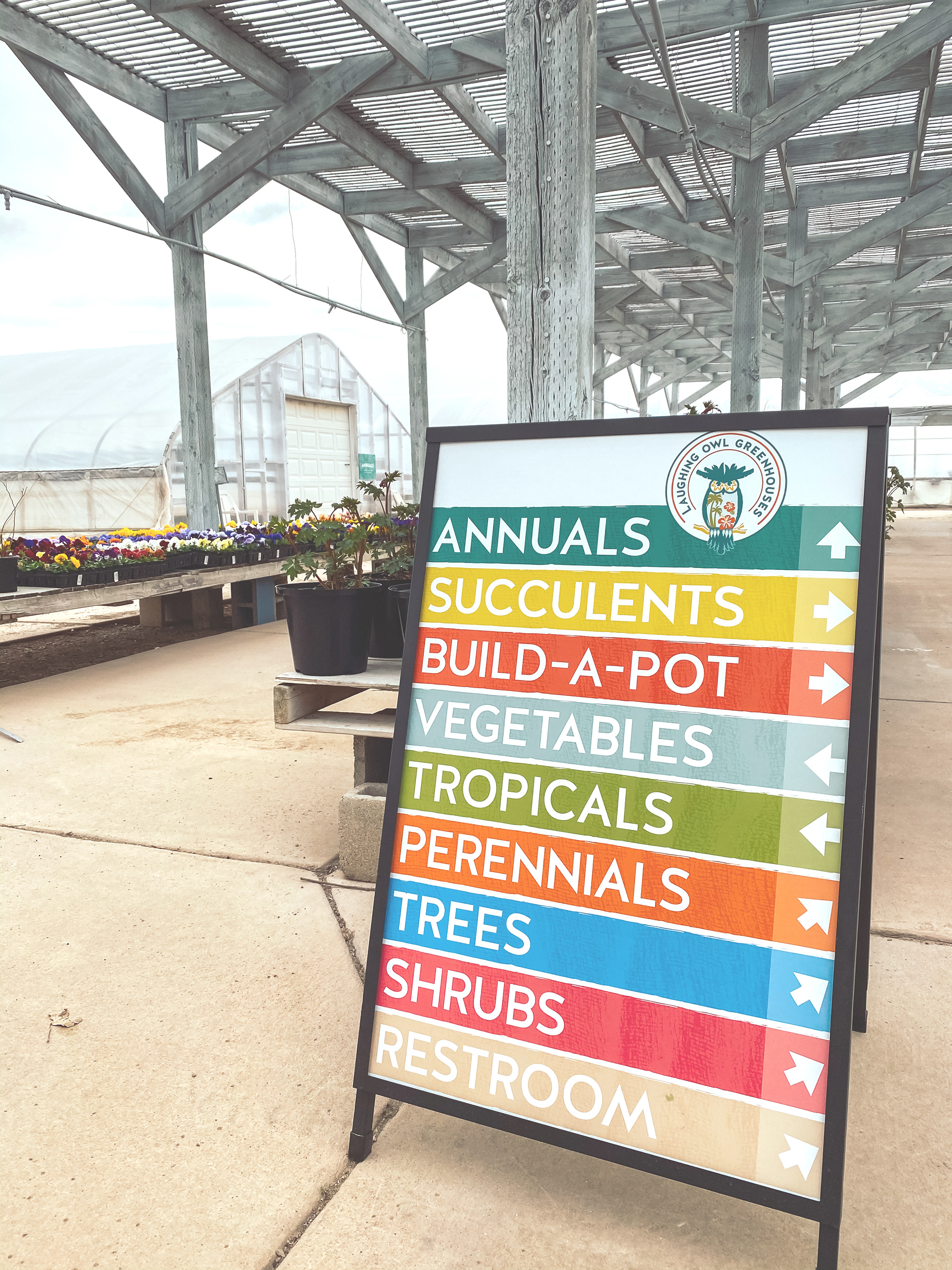 Wayfinding sign designed to help customers navigate all areas of the greenhouse property.