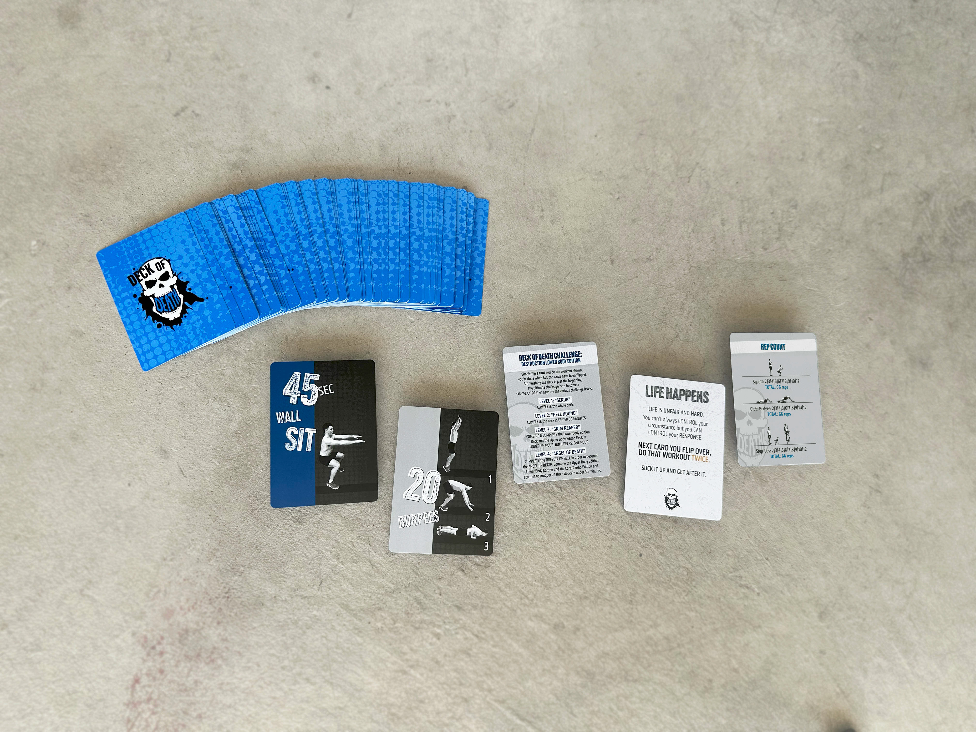 Each deck has a Rep Count card, Level of Difficulty Card and Challenge cards.