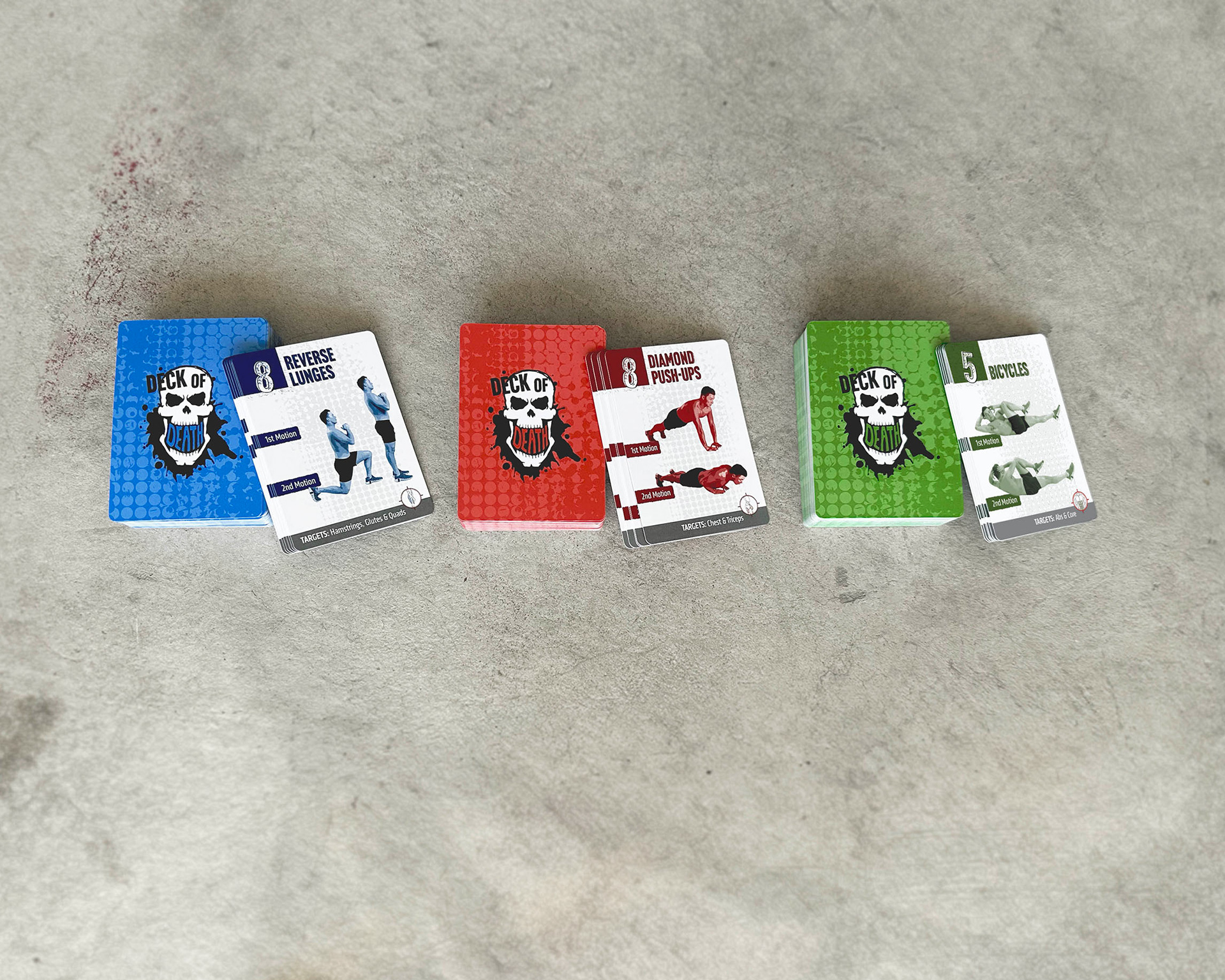 Blue: Upper Body Deck Red: Lower Body Deck Green: Core/Cardio Deck