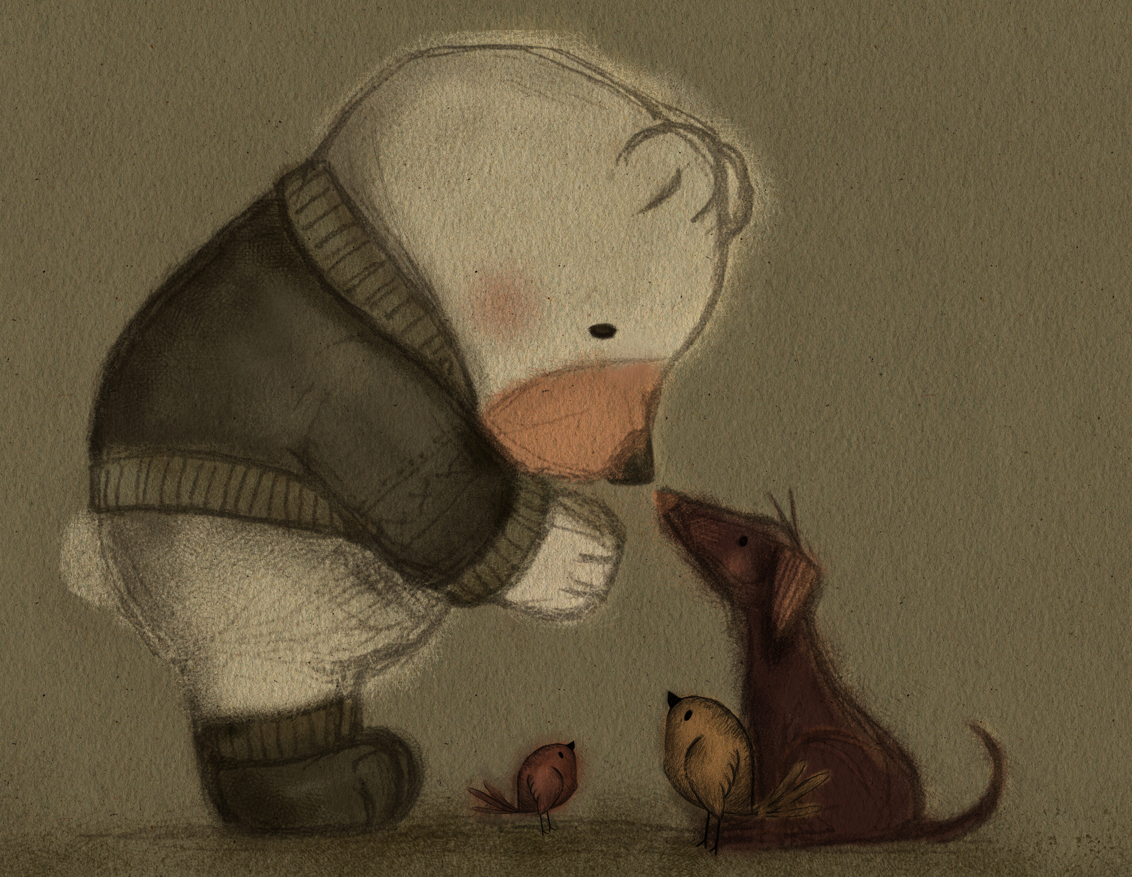 Gentle Keeper – A quiet bear in a sweater, bending low to share a tender secret with a dachshund and two tiny birds.