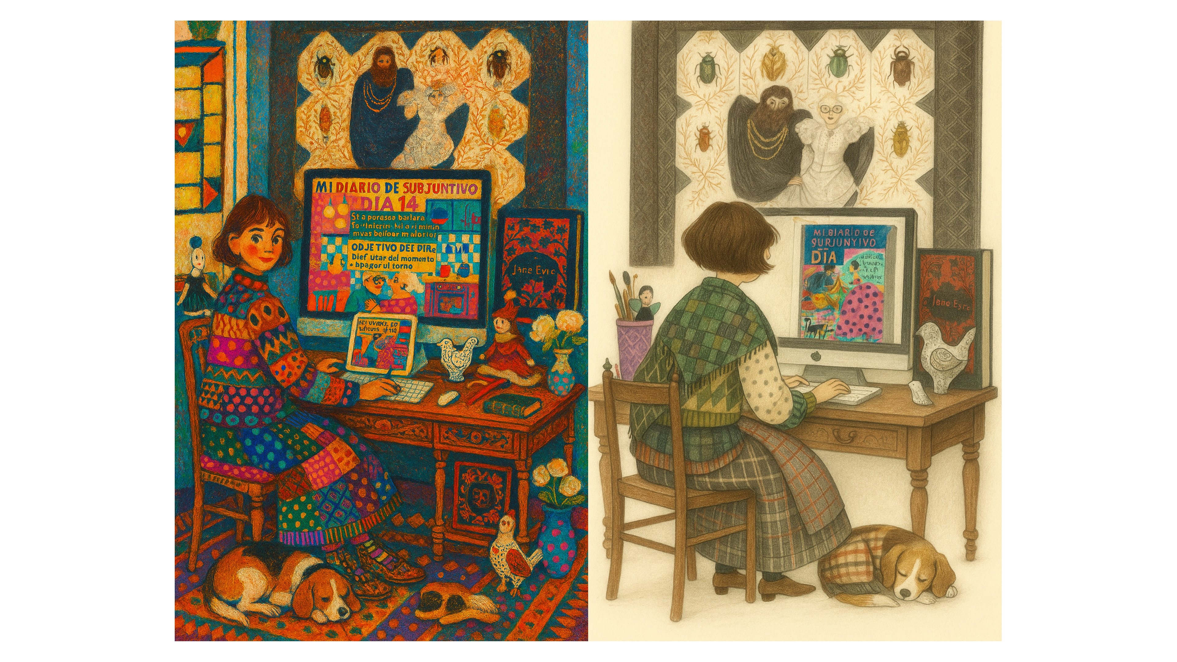 One girl, two worlds – imagination in full color, reflection in calm tones.