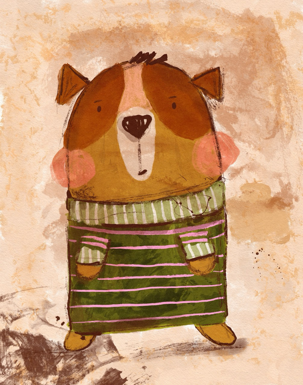 triped Sweater Pup – A shy little dog with rosy cheeks and cozy pockets, carrying secrets as warm as his jumper.