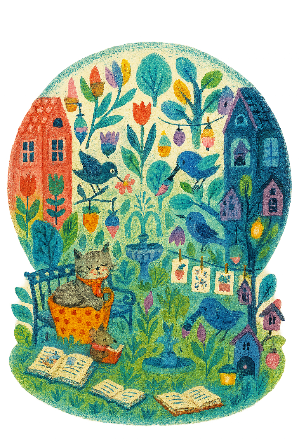 Garden of Whispers – A cozy cat and curious birds weaving tiny stories among flowers.