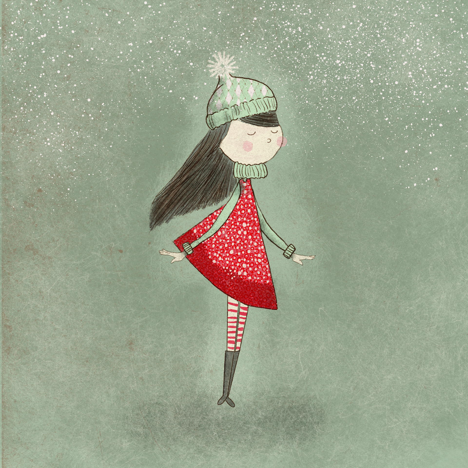 Snowflake Waltz – She twirls in winter’s hush, her laughter rising with the falling snow.