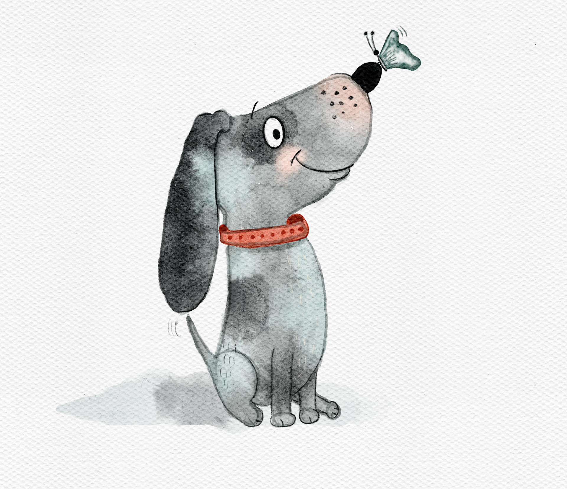 Butterfly Encounter – A curious pup pauses, nose to the sky, as a tiny butterfly flutters into his daydream.