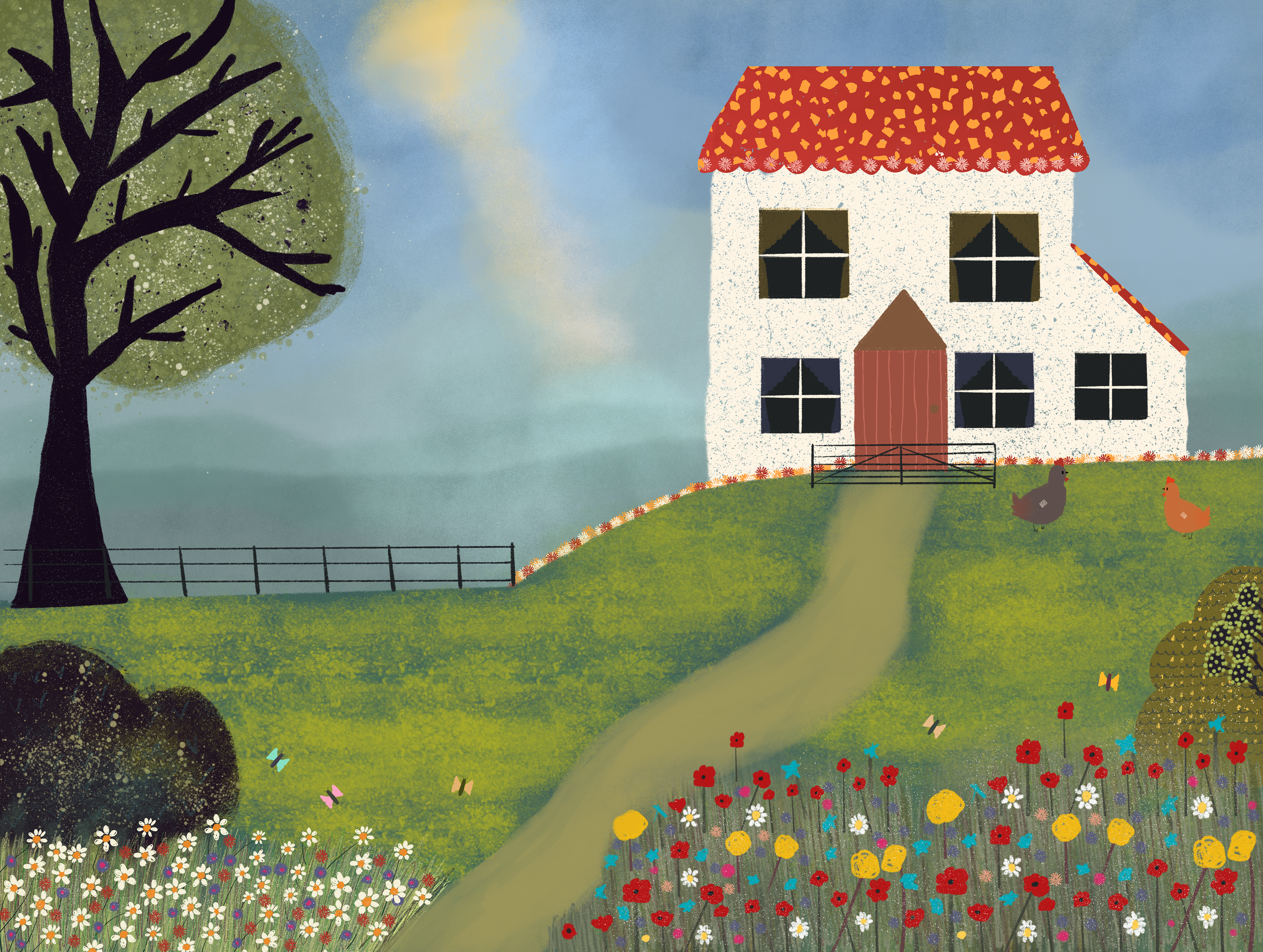he Little Hill House – A path lined with wildflowers leads to a cozy home where chickens roam free and stories begin.