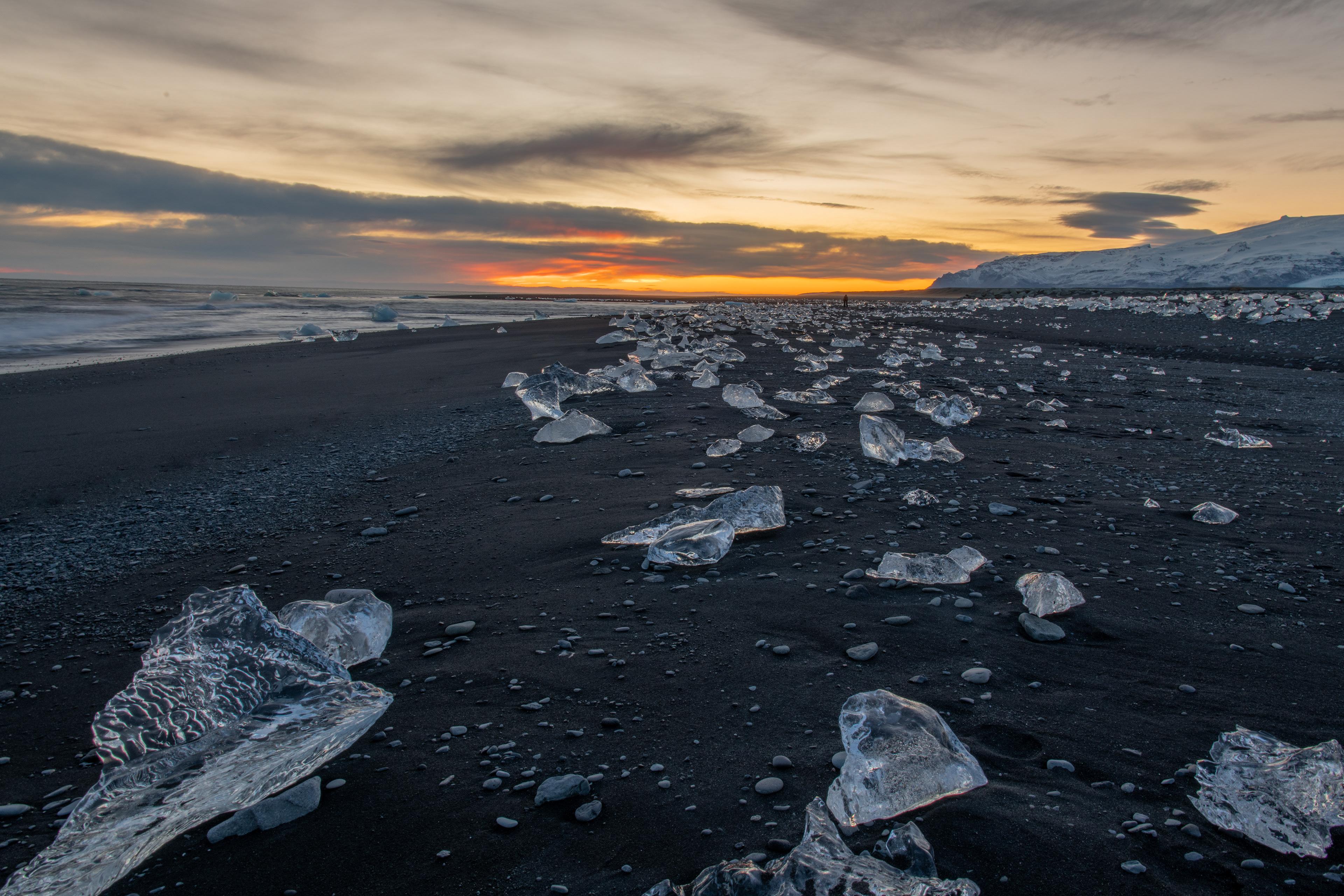 Ice and small icebergs scattered on the black sand beach  