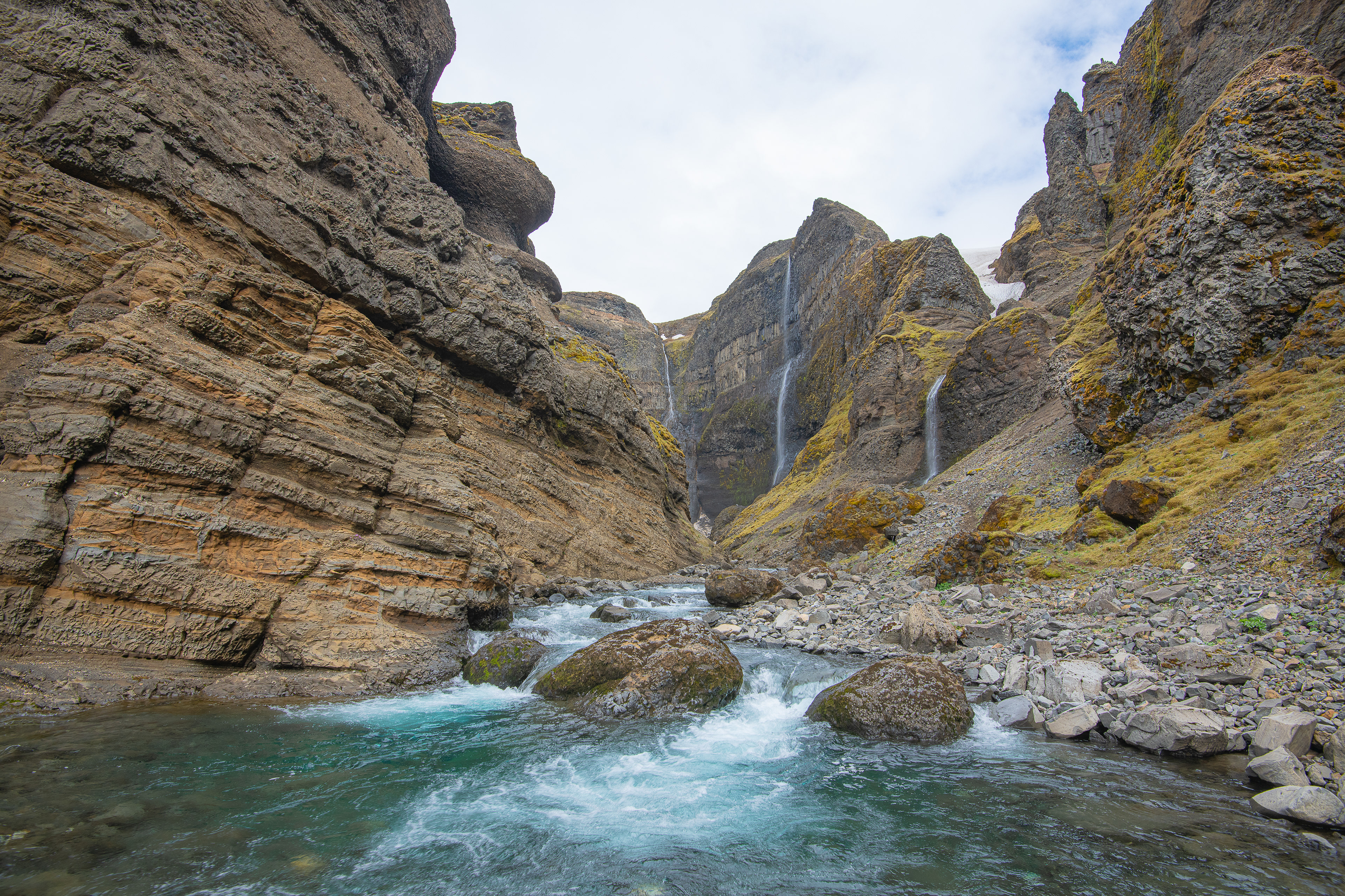 Fossárdalur valley is more like a narrow canyon at the bottom with two waterfalls, Háifoss and Granni
