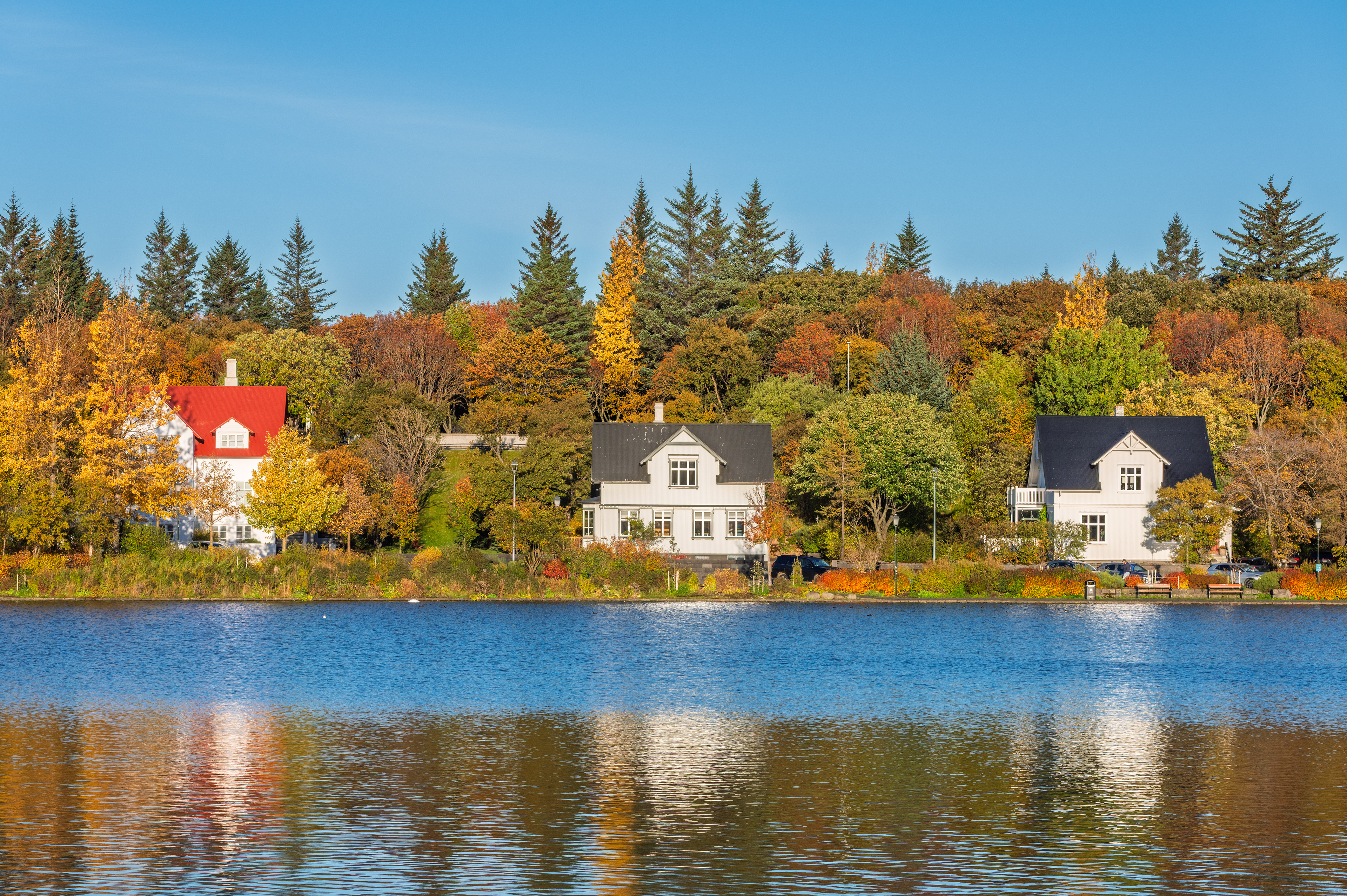 Tjarnargata street on the west side of the pond, Tjörnin.