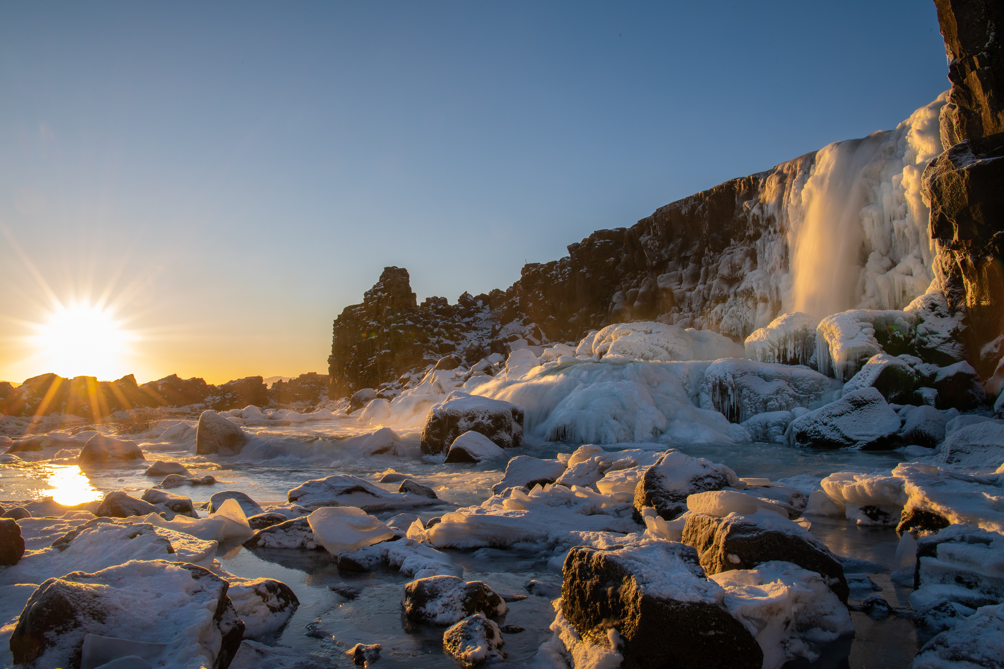 Öxarárfoss waterfall during winter