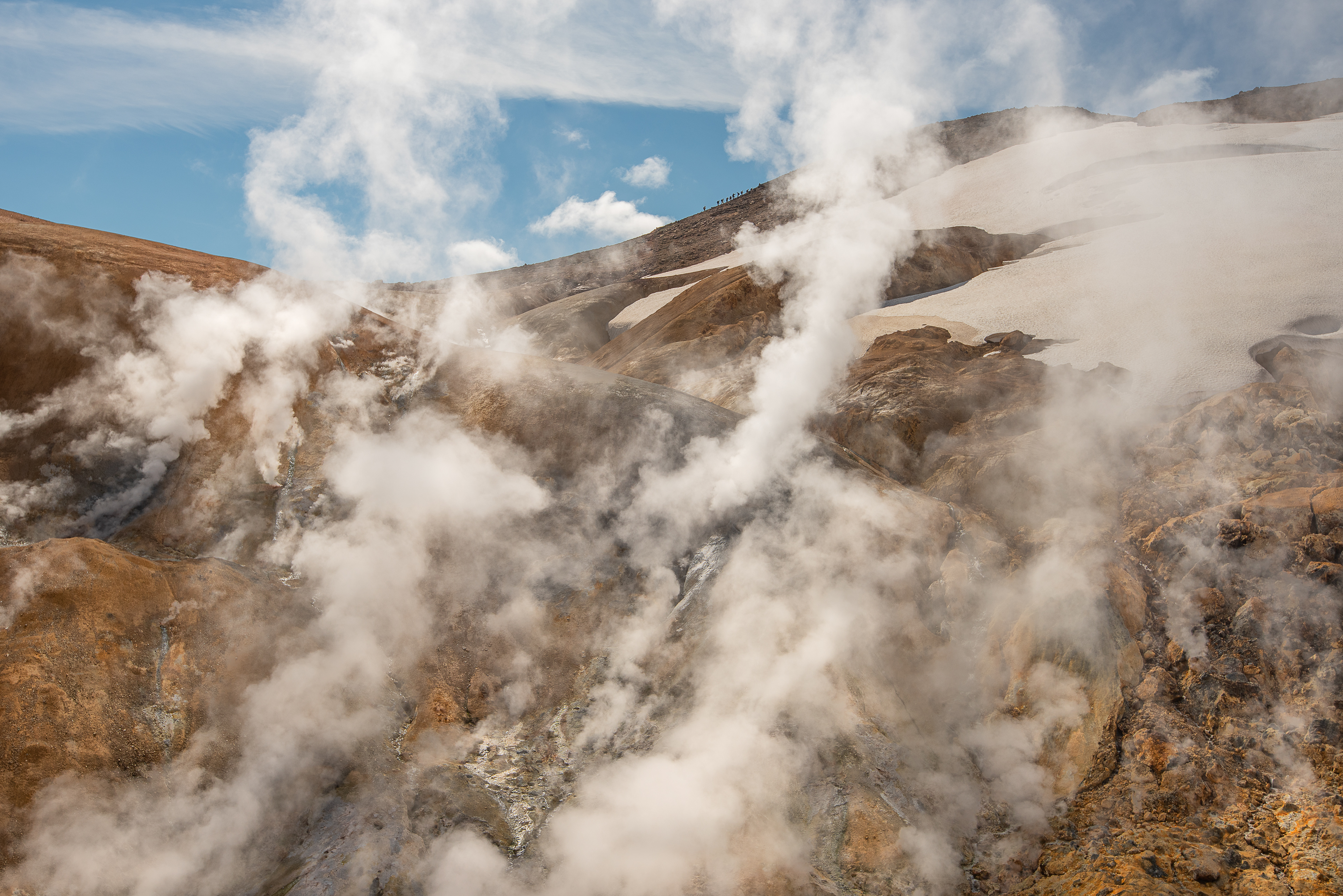 Even though the distance below the surface is heated by the magma the valley has a lot of snow and ice