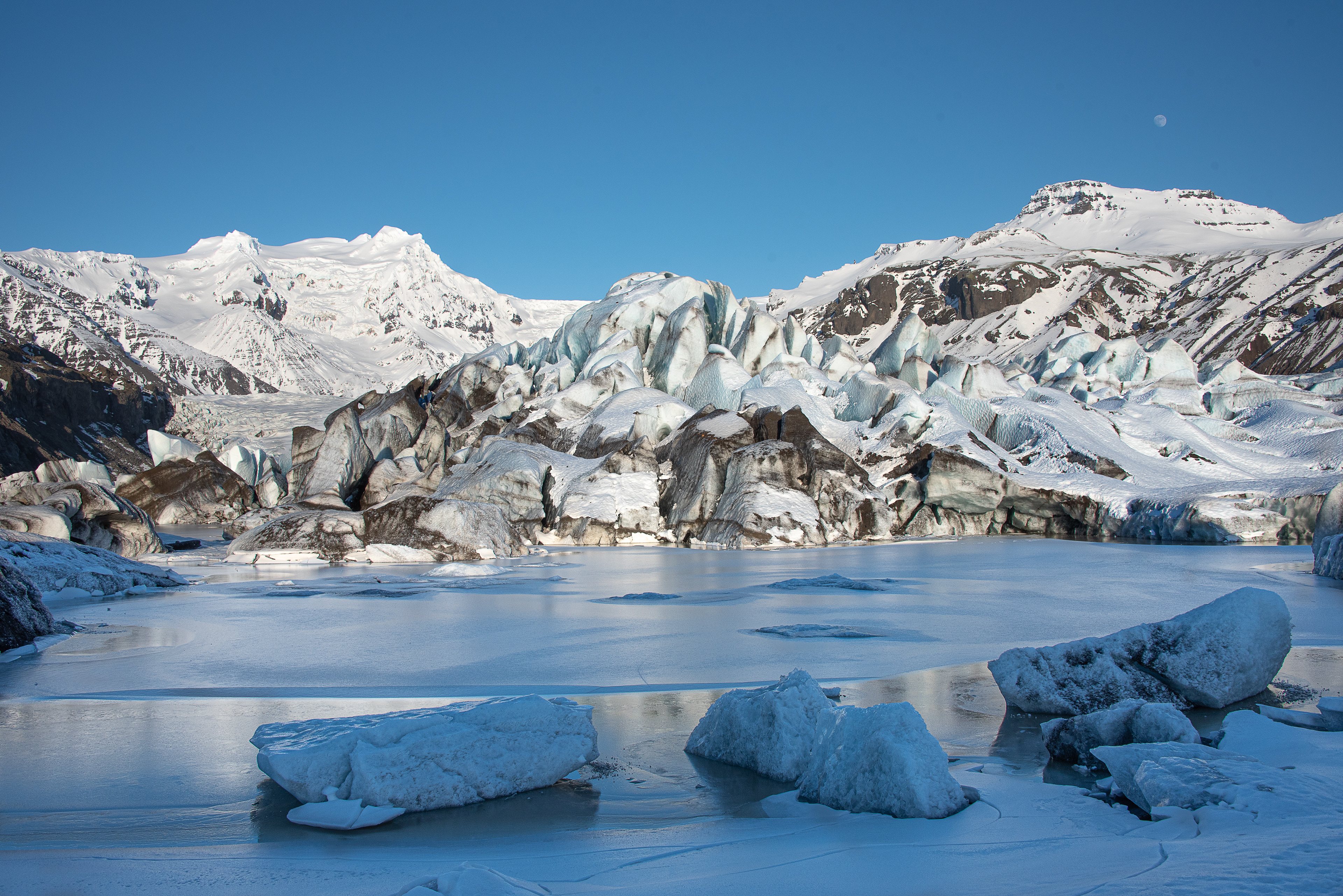 Often the icebergs pile up at the end of the glacier tongue