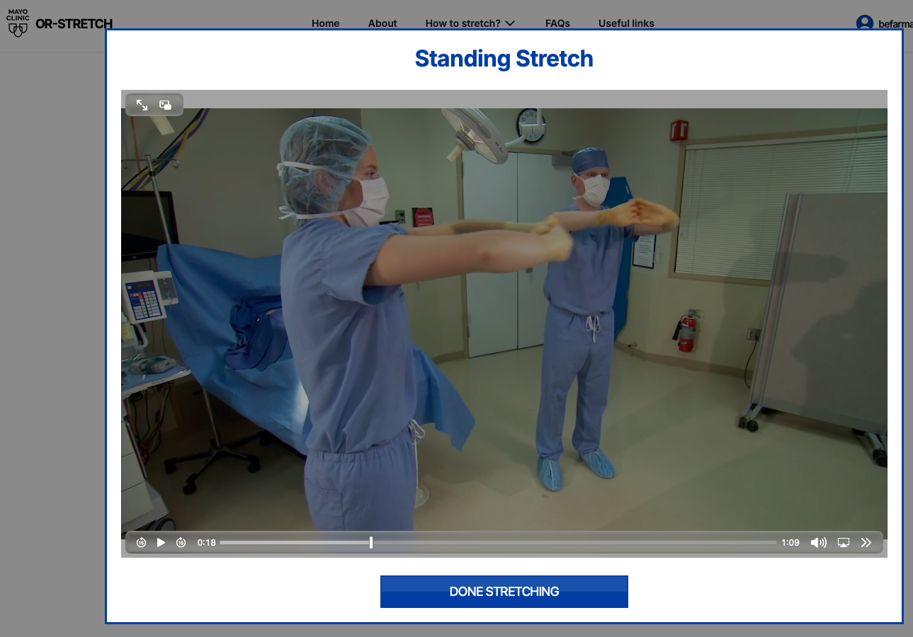 Illustration of standing microbreak stretching instructions from the OR-Stretch program, designed for use during surgical procedures.