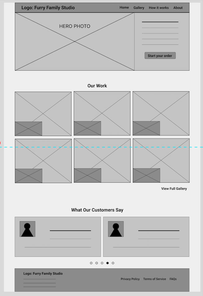Figma wireframe of homepage showing hero section with call-to-action, gallery grid, customer reviews section, and footer navigation.