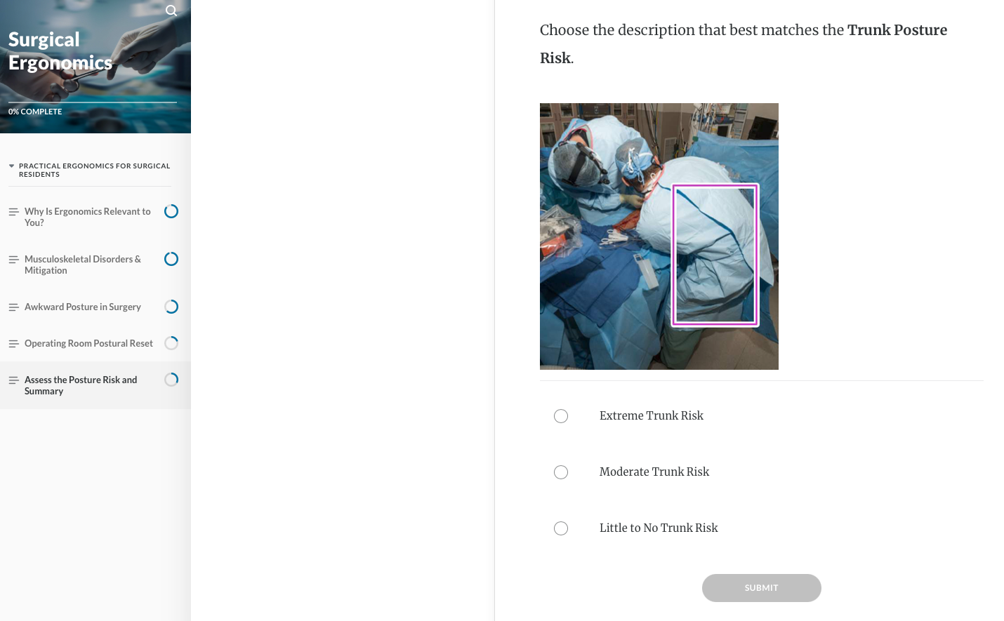 Screenshot of an end-of-course evaluation screen with questions assessing recognition of awkward surgical postures.