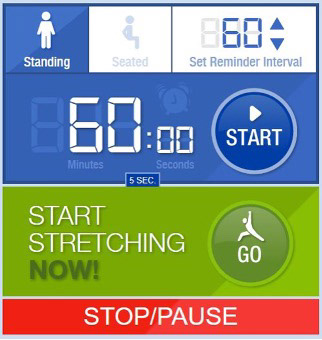 OR-Stretch web application interface showing a start screen with an adjustable reminder timer and a snooze option.
