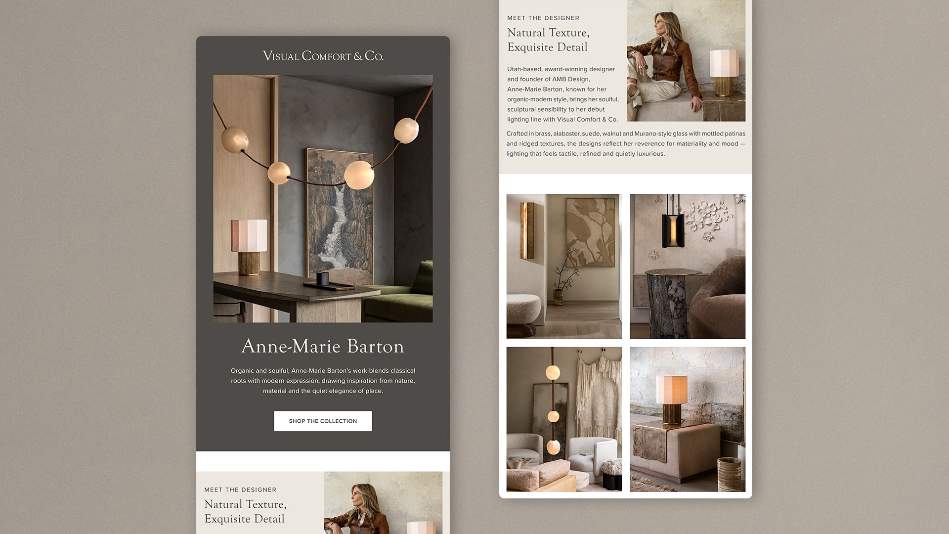 Email artwork for an initial overview of the Anne-Marie Barton lighting collection with Visual Comfort & Co.