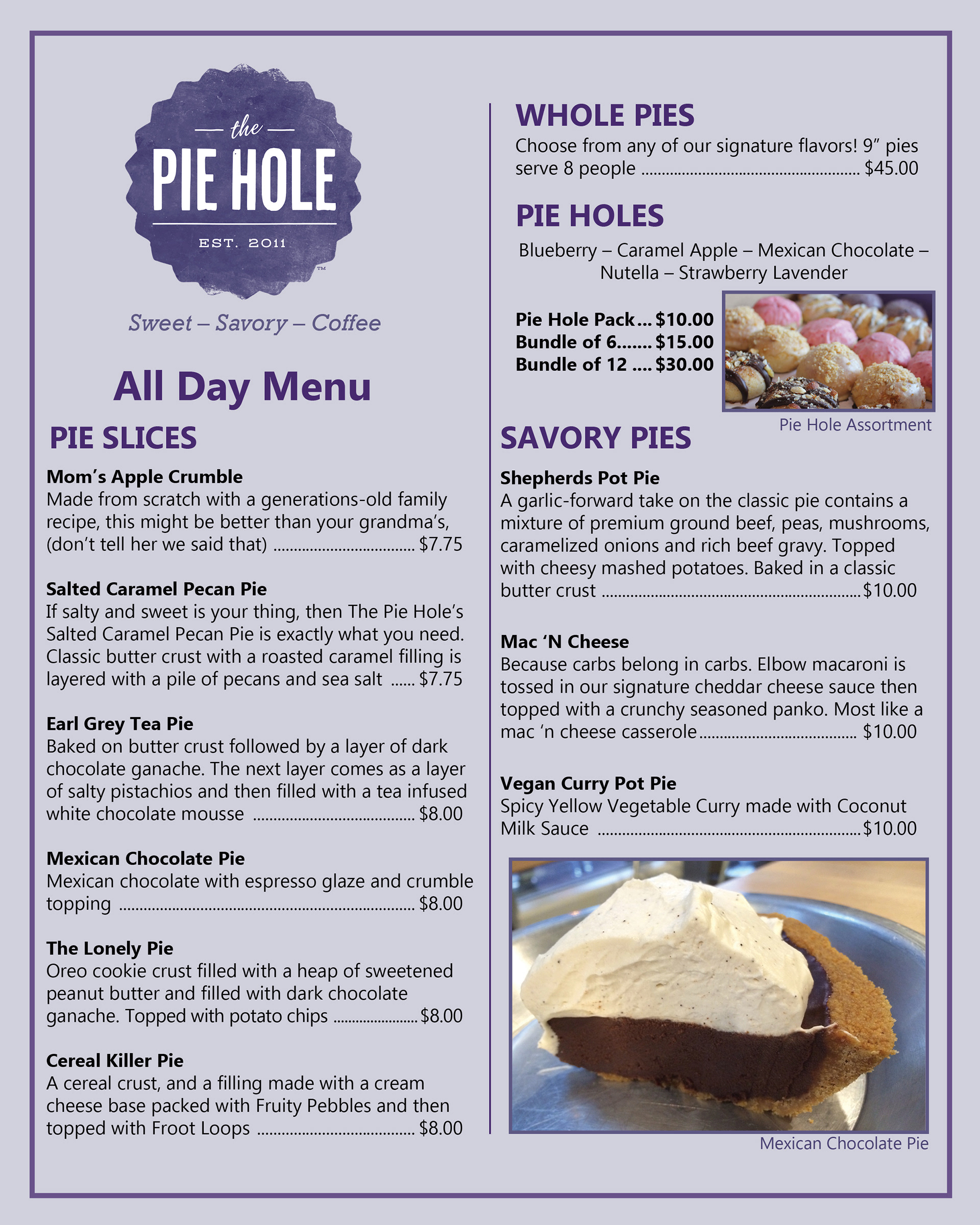 Pie Hole menu mock-up page 1