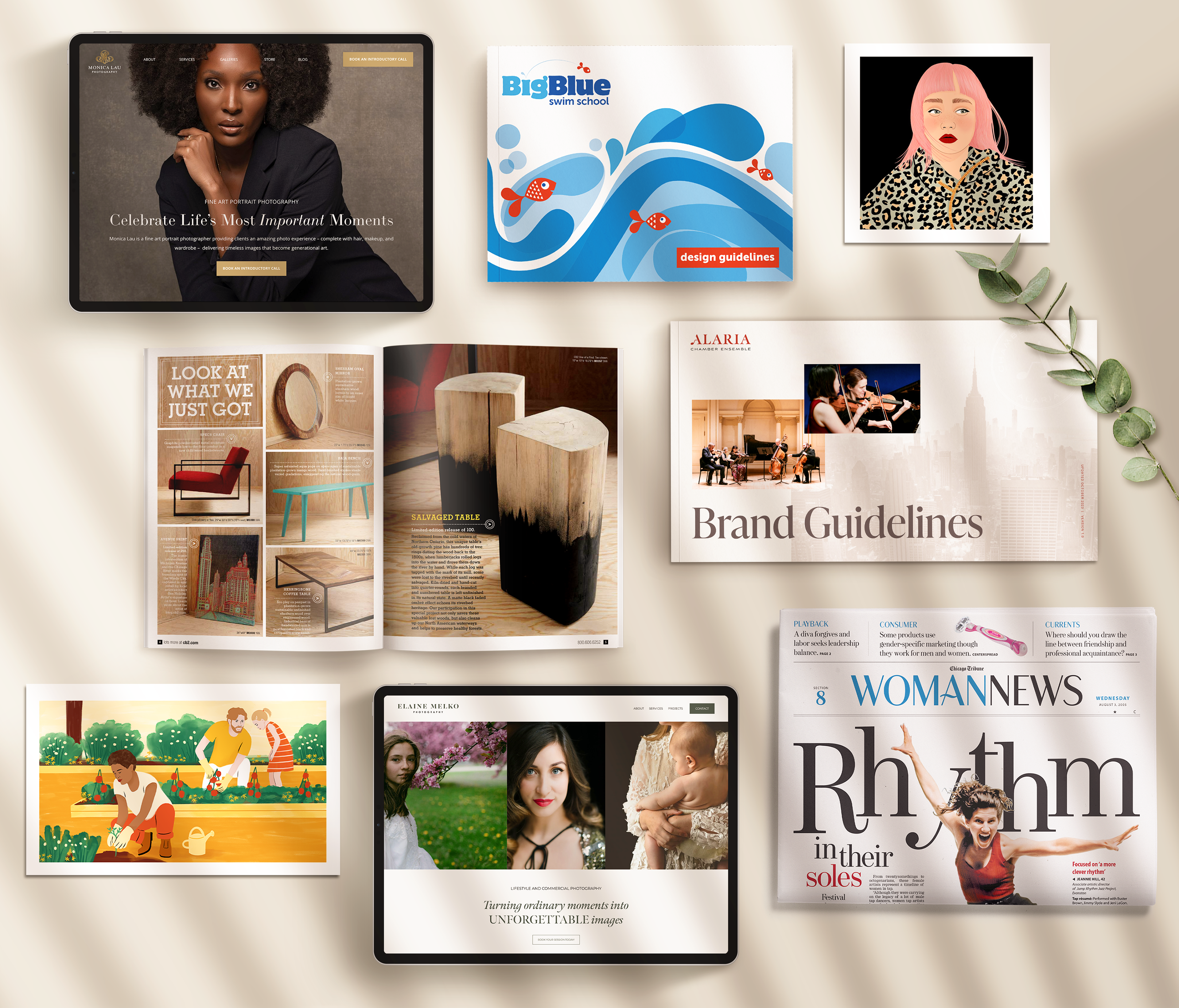 A composite design portfolio grid showcasing various branding, web design, and editorial projects. Featured work includes minimalist website mockups on digital screens, clean corporate brand guideline brochures with dynamic wave graphics, stylized vector illustrations, and structured newspaper front-page layouts.