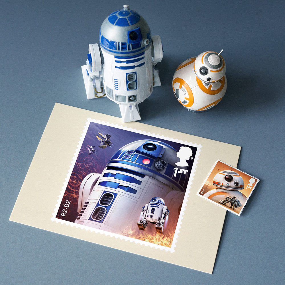 Royal Mail STAR WARS stamp 2017 by Malcolm Tween R2-D2 postcard and toy