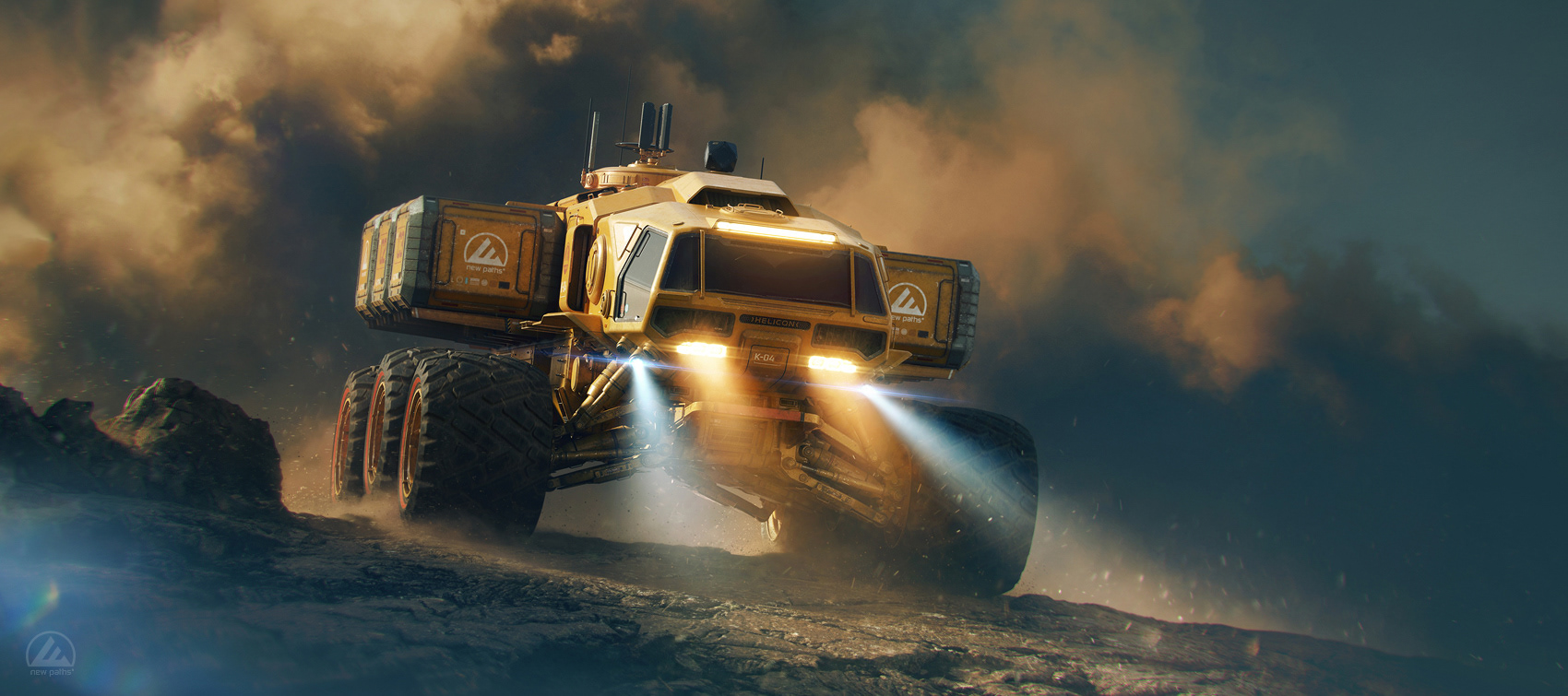 Malcolm Tween CGI illustration of a futuristic yellow six wheeled Helicon all terrain planetary rover. Designed in a Nasapunk retro futuristic style with a sci-fi aesthetics mixed with real world design. The vehicle is loaded with six cargo pods on retractable support arms and a full comms area mounted on the roof.