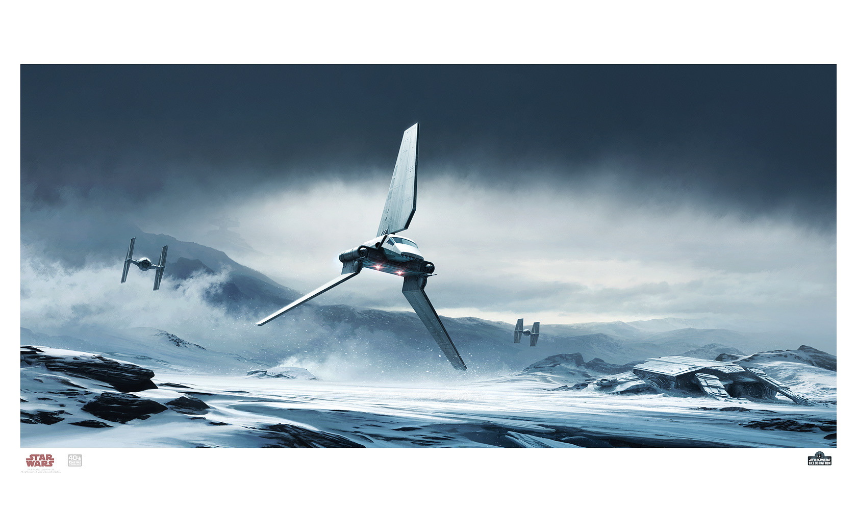 The North Ridge by Malcolm Tween Limited Edition officially licensed STAR WARS™ lithograph for Star-Wars-Celebration 2020 Hoth Imperial Shuttle in snow with fallen ATAT