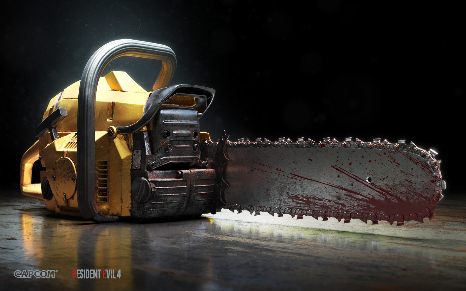Malcolm Tween promotional artwork for Resident Evil 4 / Capcom / Playstation. A rusty yellow chainsaw with blood spattered blade silhouetted in darkness.