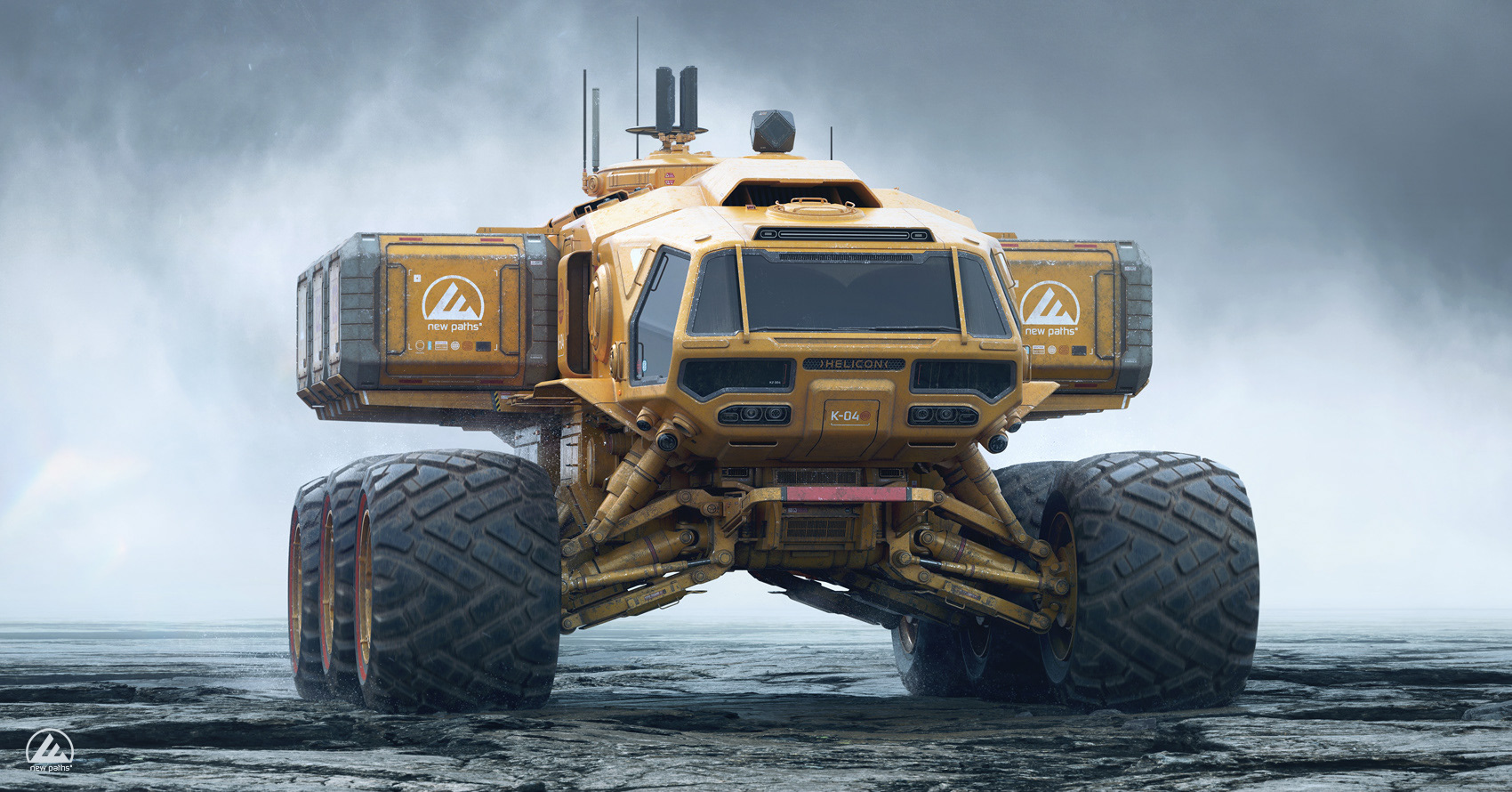 Malcolm Tween CGI illustration of a futuristic yellow six wheeled Helicon all terrain planetary rover. Designed in a Nasapunk retro futuristic style.
