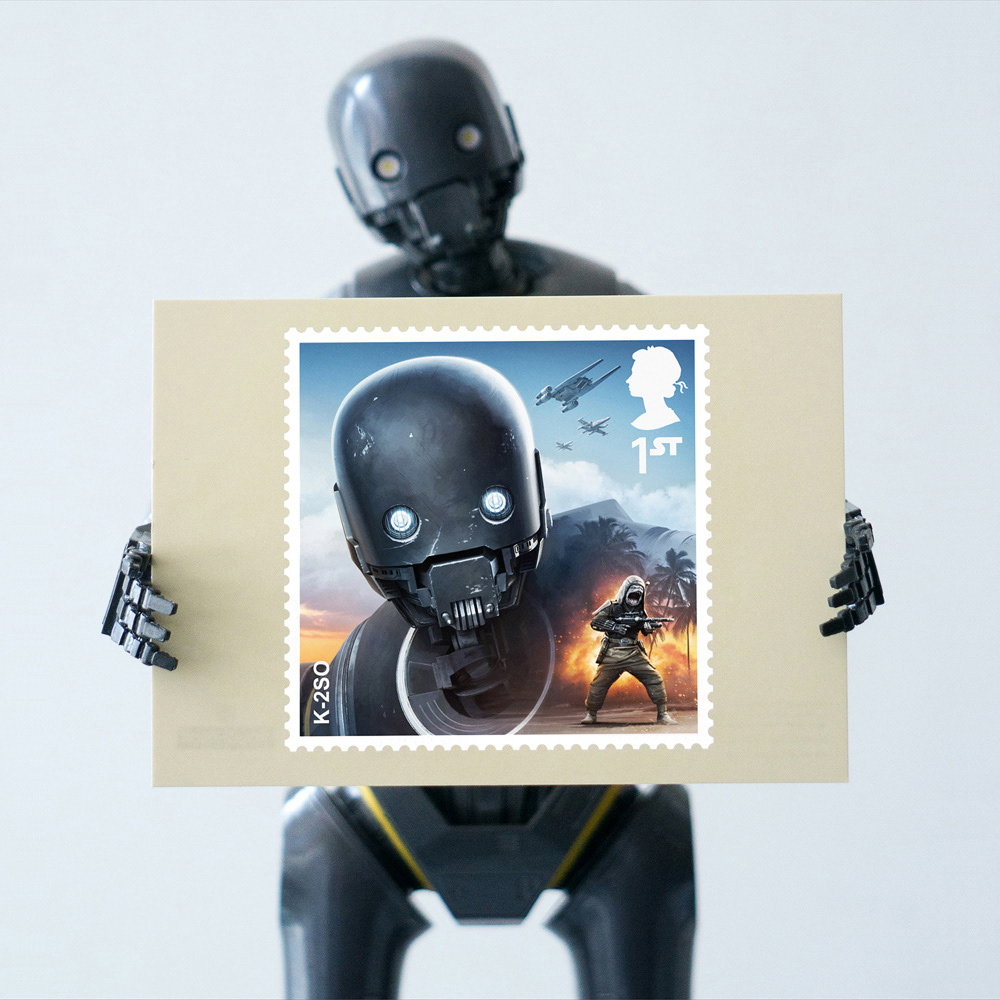 Royal Mail STAR WARS stamp 2017 by Malcolm Tween K-2SO postcard