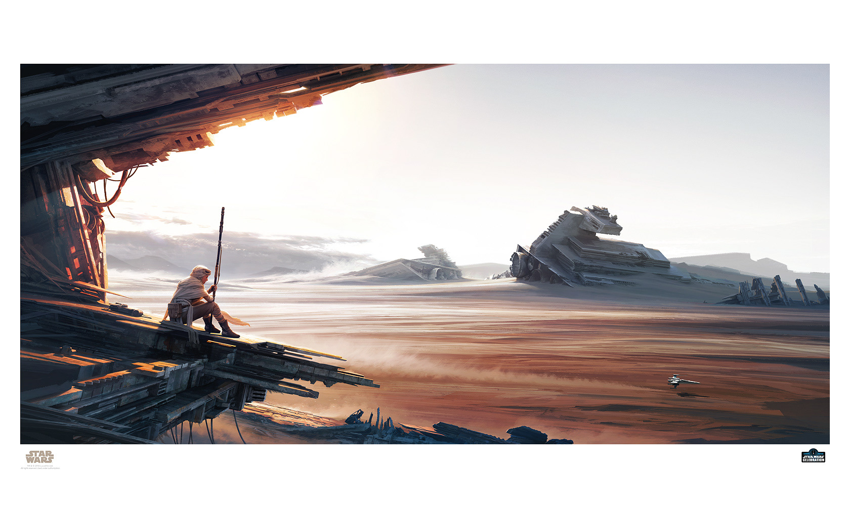 Graveyard of Giants limited edition STAR WARS Celebration London 2017 Art Print for Lucasfilm Disney by Malcolm Tween with Rey sitting on an abandonded Star Destroyer above Jakku